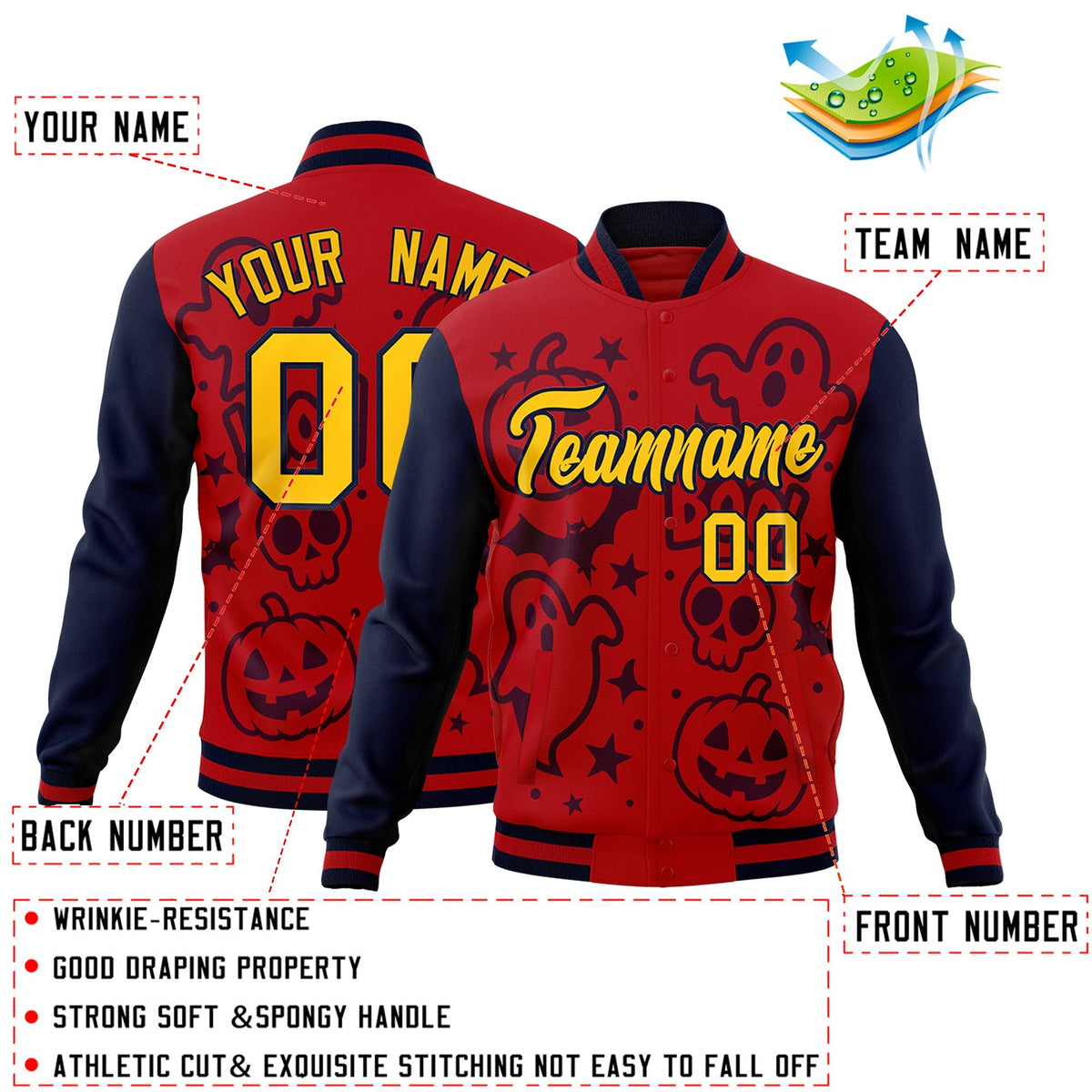 Custom Navy Red Gold Bats Pumpkins Ghost Patterns Halloween Letterman Jacket | Custom Letterman Jacket,Add Name and Numbern,Sublimation Printed &amp; Stitched,Perfect for Parties | KXKSHOP
