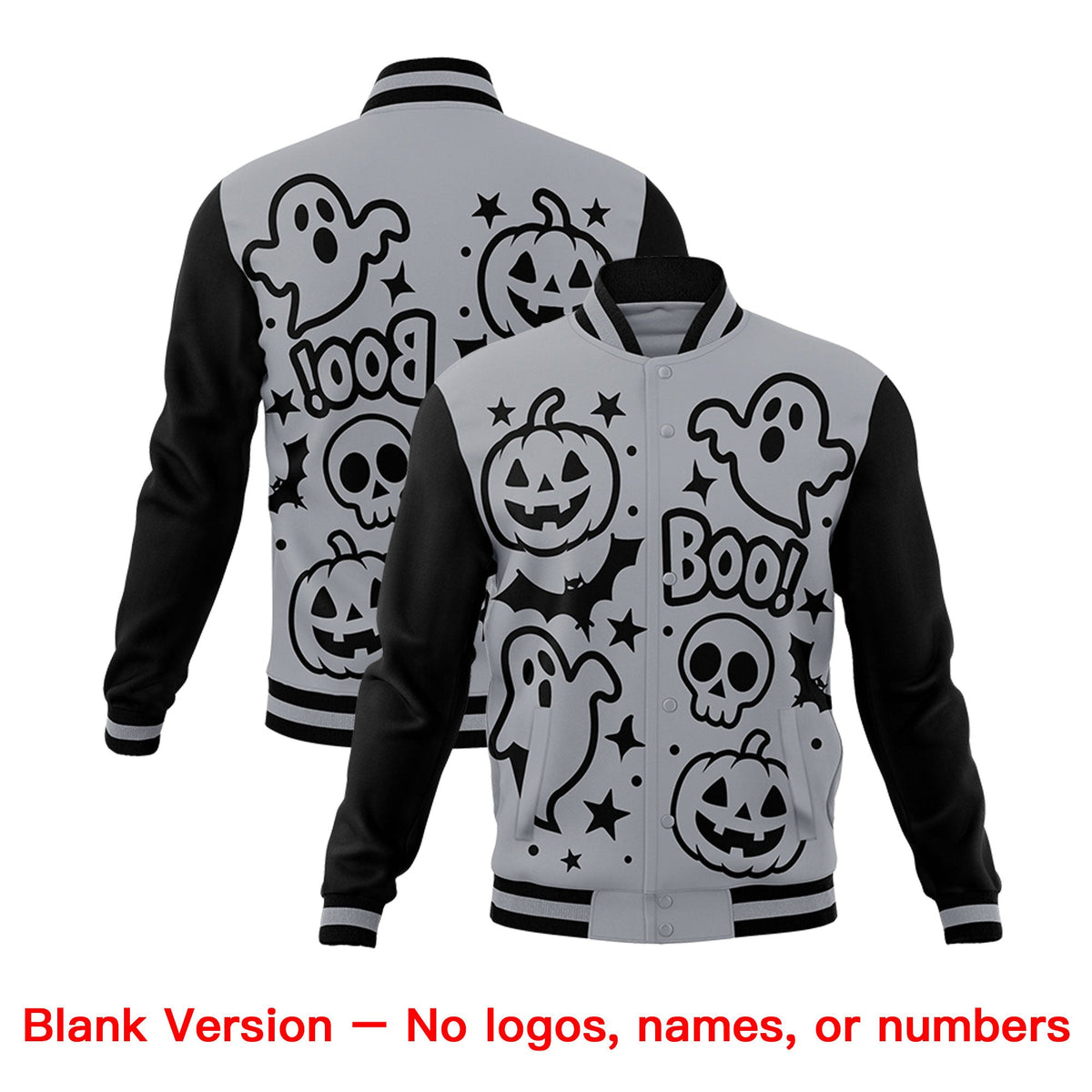 Custom Gray Black White Bats Pumpkins Ghost Patterns Halloween Letterman Jacket | Custom Letterman Jacket,Add Name and Numbern,Sublimation Printed &amp; Stitched,Perfect for Parties | KXKSHOP