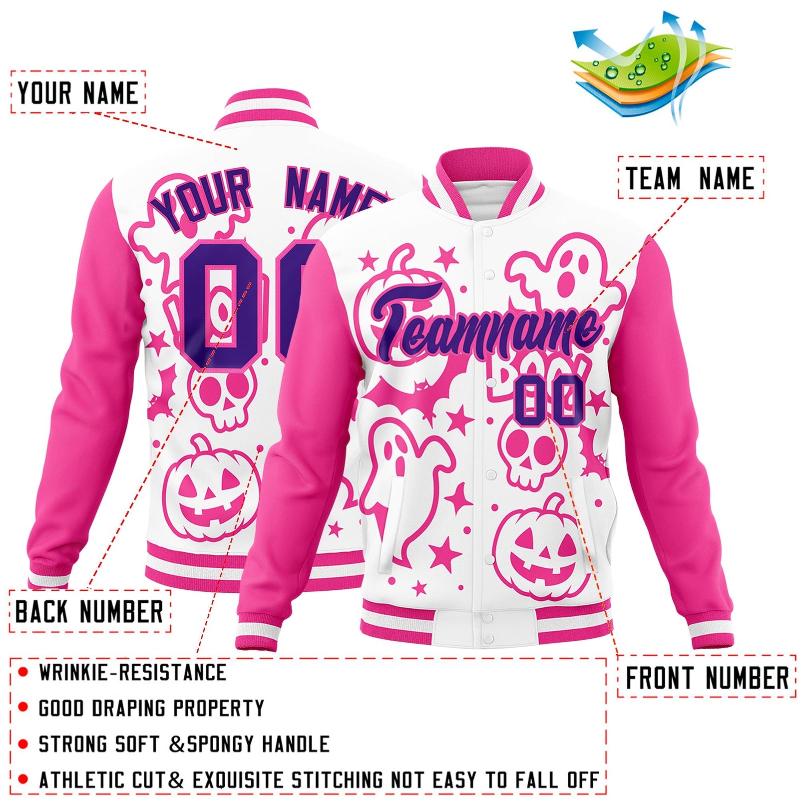Custom White Pink Purple Bats Pumpkins Ghost Patterns Halloween Letterman Jacket | Custom Letterman Jacket,Add Name and Numbern,Sublimation Printed & Stitched,Perfect for Parties | KXKSHOP