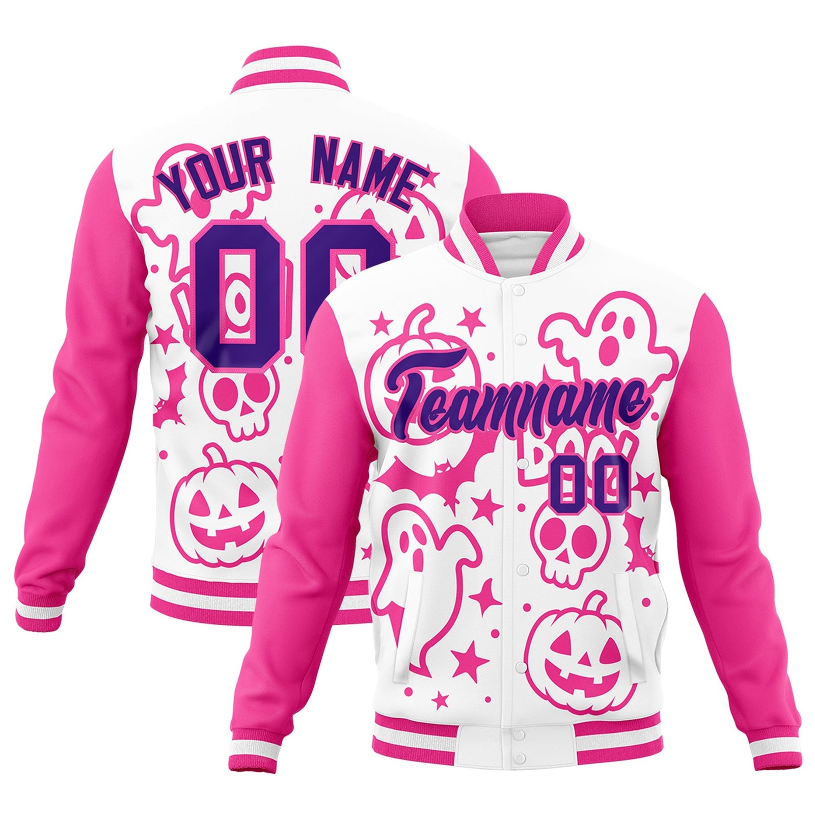 Custom White Pink Purple Bats Pumpkins Ghost Patterns Halloween Letterman Jacket | Custom Letterman Jacket,Add Name and Numbern,Sublimation Printed & Stitched,Perfect for Parties | KXKSHOP