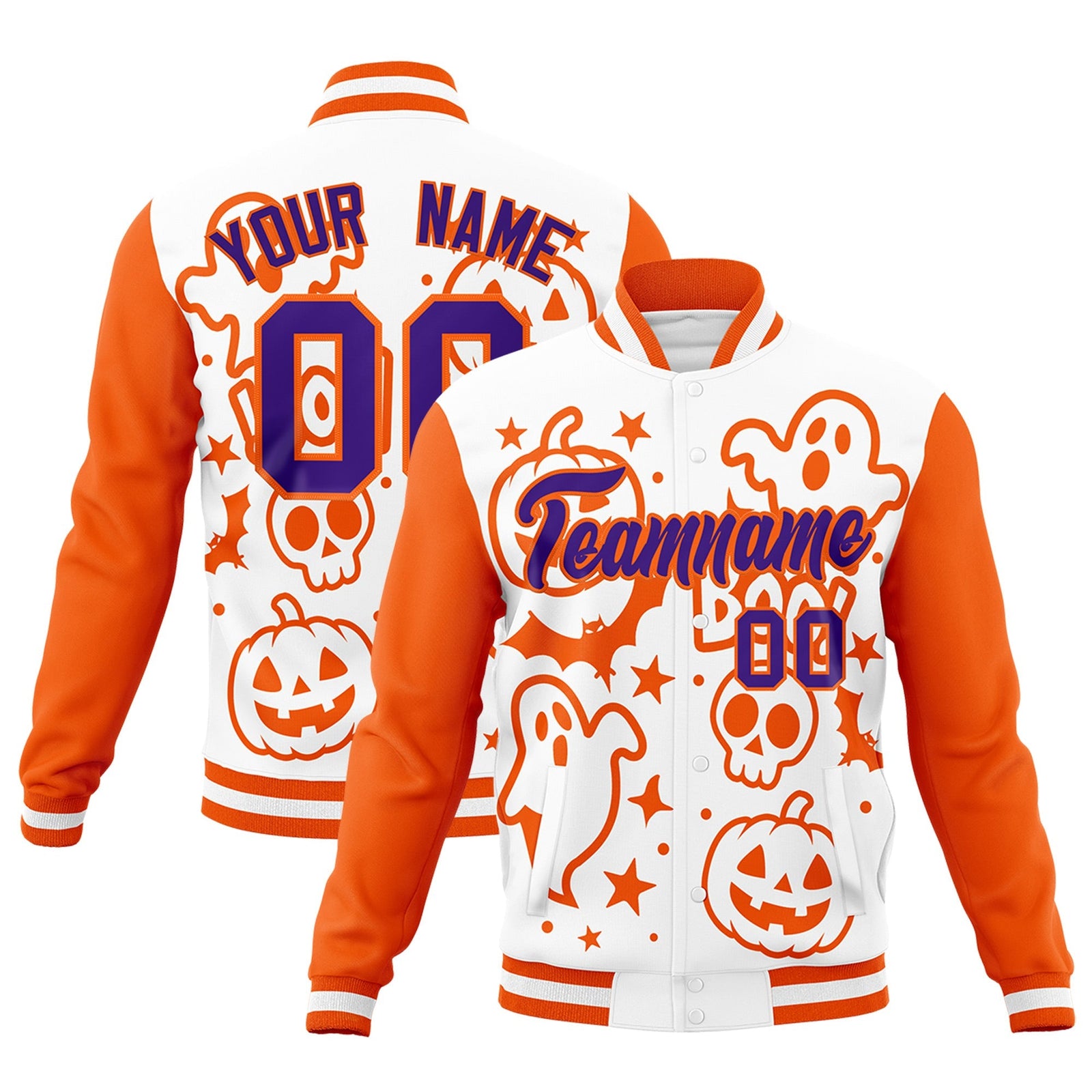 Custom White Orange Purple Bats Pumpkins Ghost Patterns Halloween Letterman Jacket | Custom Letterman Jacket,Add Name and Numbern,Sublimation Printed & Stitched,Perfect for Parties | KXKSHOP