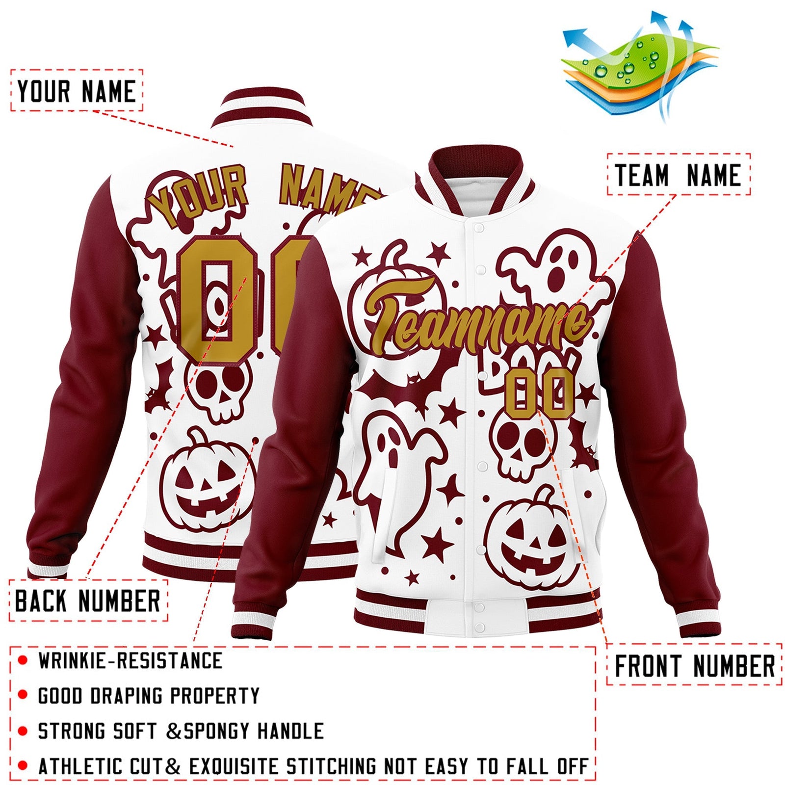 Custom White Crimson Old Gold Bats Pumpkins Ghost Patterns Halloween Letterman Jacket | Custom Letterman Jacket,Add Name and Numbern,Sublimation Printed & Stitched,Perfect for Parties | KXKSHOP
