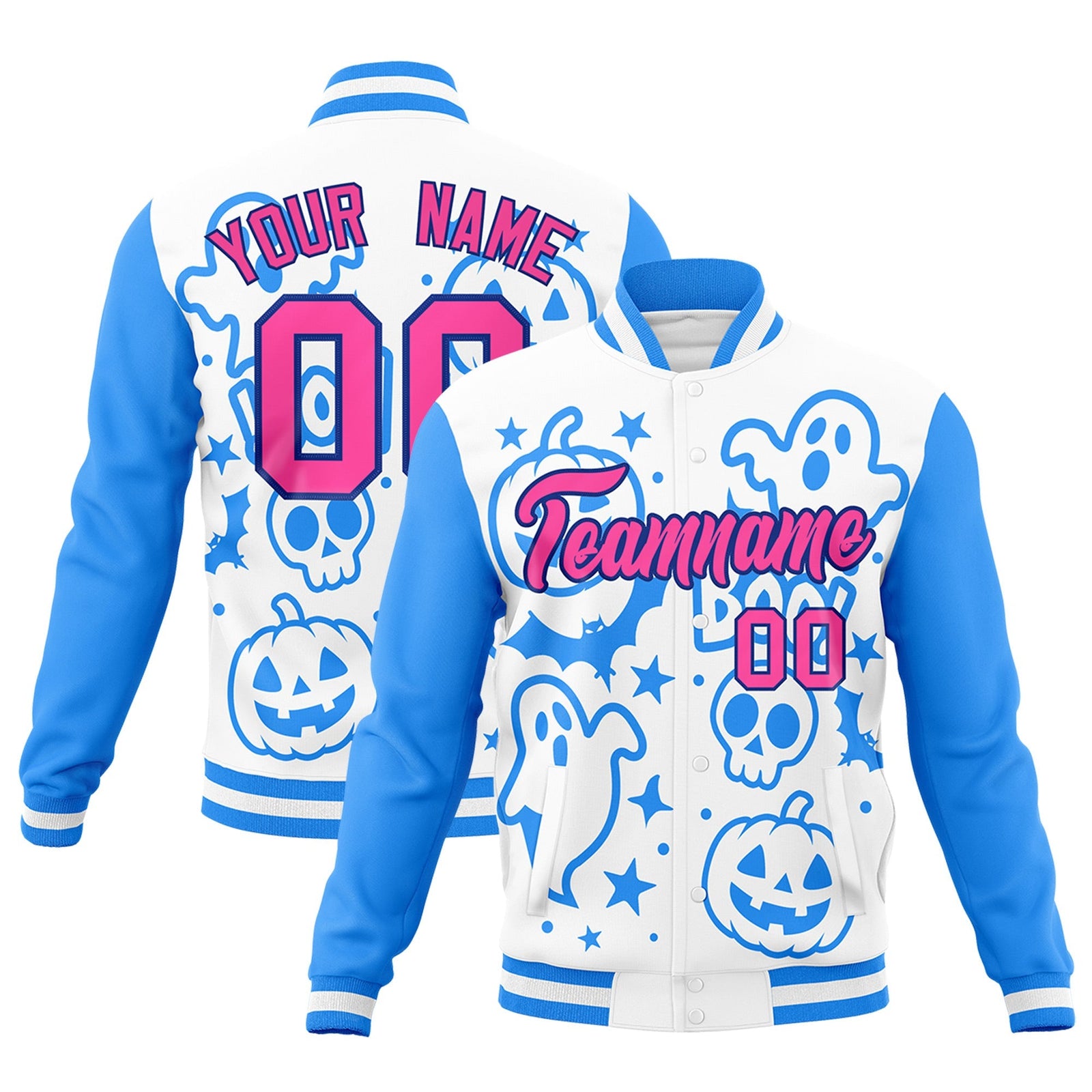 Custom White Powder Blue Pink Bats Pumpkins Ghost Patterns Halloween Letterman Jacket | Custom Letterman Jacket,Add Name and Numbern,Sublimation Printed & Stitched,Perfect for Parties | KXKSHOP