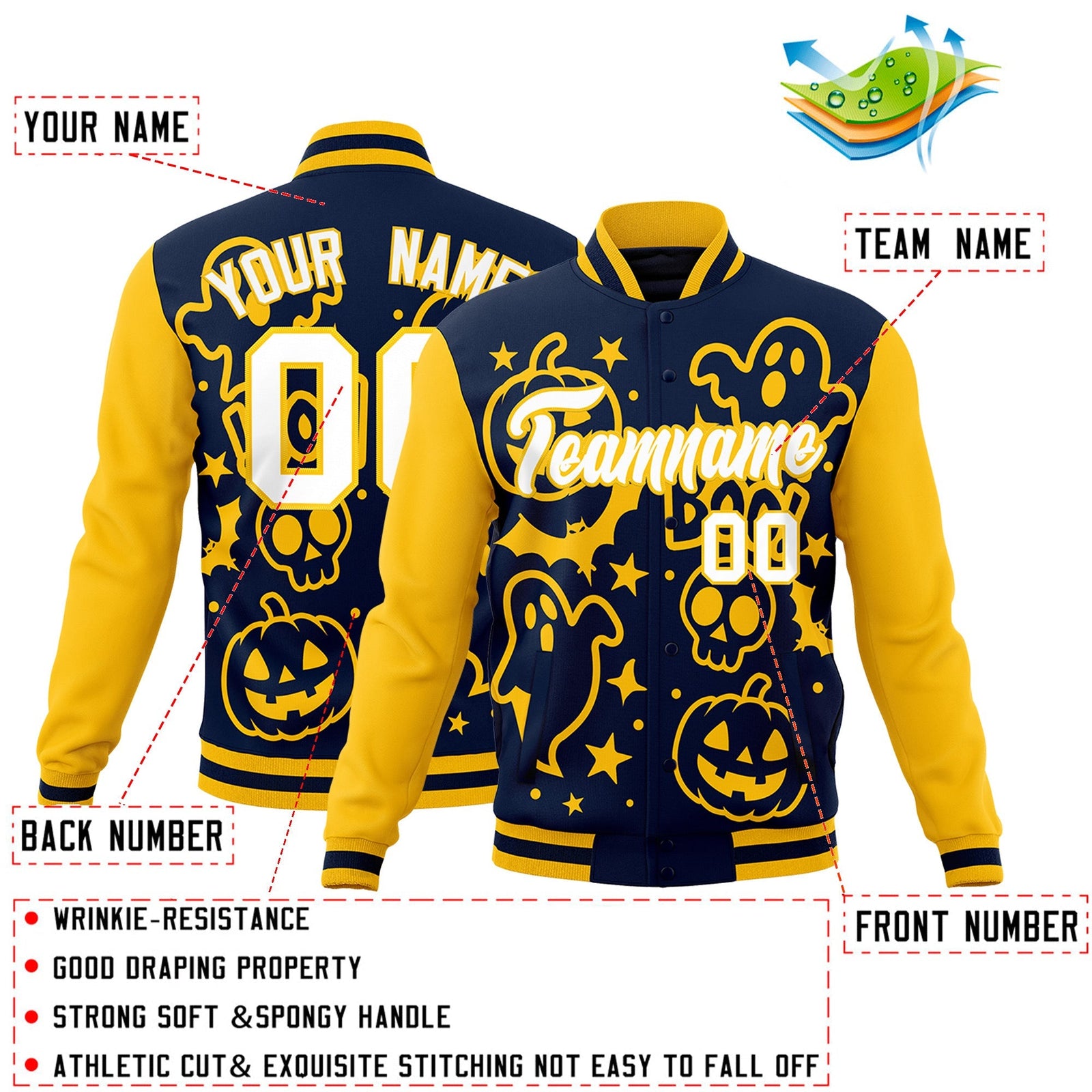 Custom Gold Navy White Bats Pumpkins Ghost Patterns Halloween Letterman Jacket | Custom Letterman Jacket,Add Name and Numbern,Sublimation Printed & Stitched,Perfect for Parties | KXKSHOP
