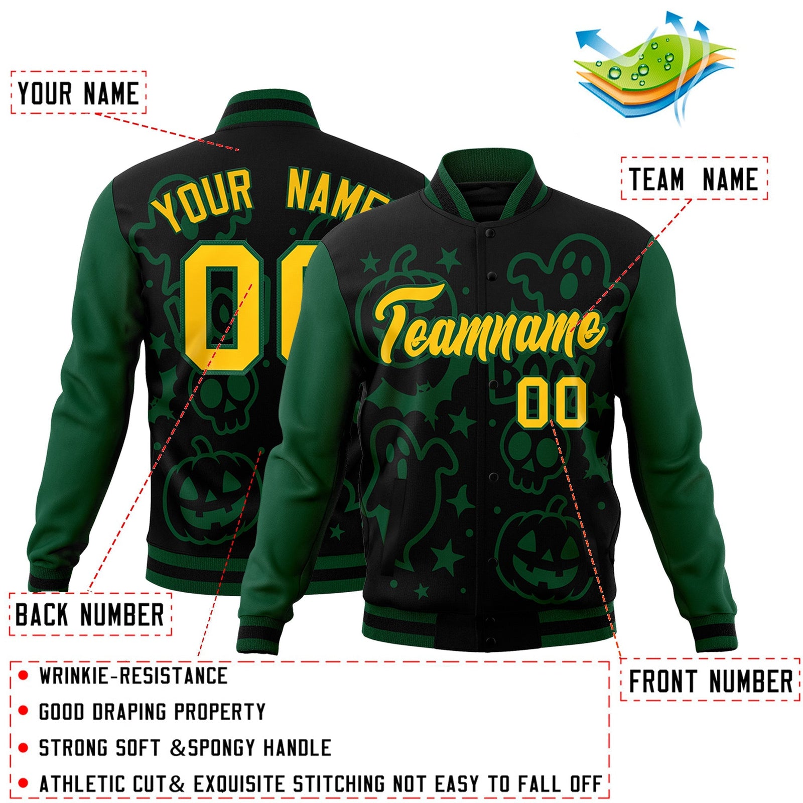 Custom Green Black Gold Bats Pumpkins Ghost Patterns Halloween Letterman Jacket | Custom Letterman Jacket,Add Name and Numbern,Sublimation Printed & Stitched,Perfect for Parties | KXKSHOP