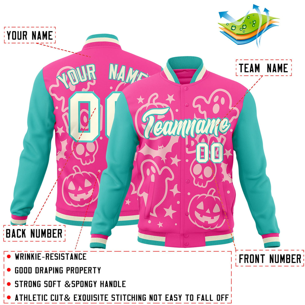 Custom Pink Bright Green Cream Bats Pumpkins Ghost Patterns Halloween Letterman Jacket | Custom Letterman Jacket,Add Name and Numbern,Sublimation Printed &amp; Stitched,Perfect for Parties | KXKSHOP