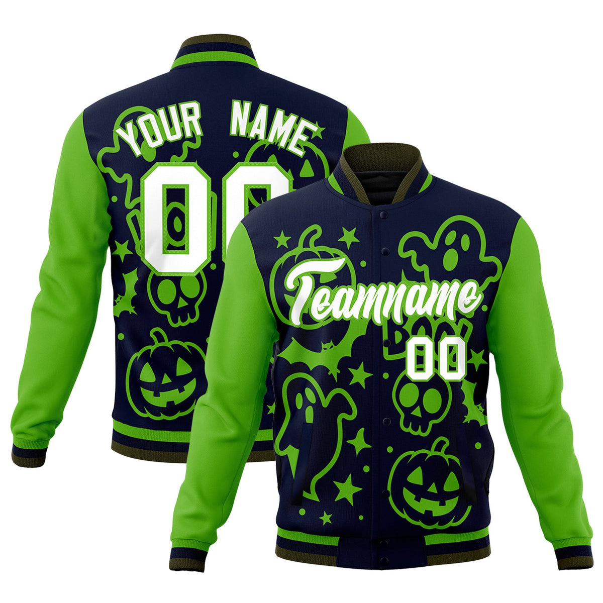 Custom Green Navy Olive Bats Pumpkins Ghost Patterns Halloween Letterman Jacket | Custom Letterman Jacket,Add Name and Numbern,Sublimation Printed &amp; Stitched,Perfect for Parties | KXKSHOP