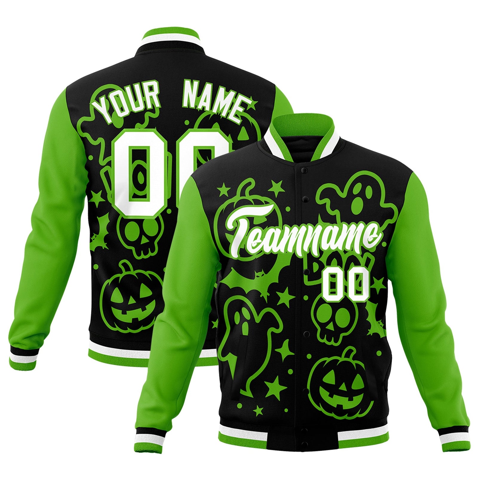 Custom Black Green White Bats Pumpkins Ghost Patterns Halloween Letterman Jacket | Custom Letterman Jacket,Add Name and Numbern,Sublimation Printed & Stitched,Perfect for Parties | KXKSHOP