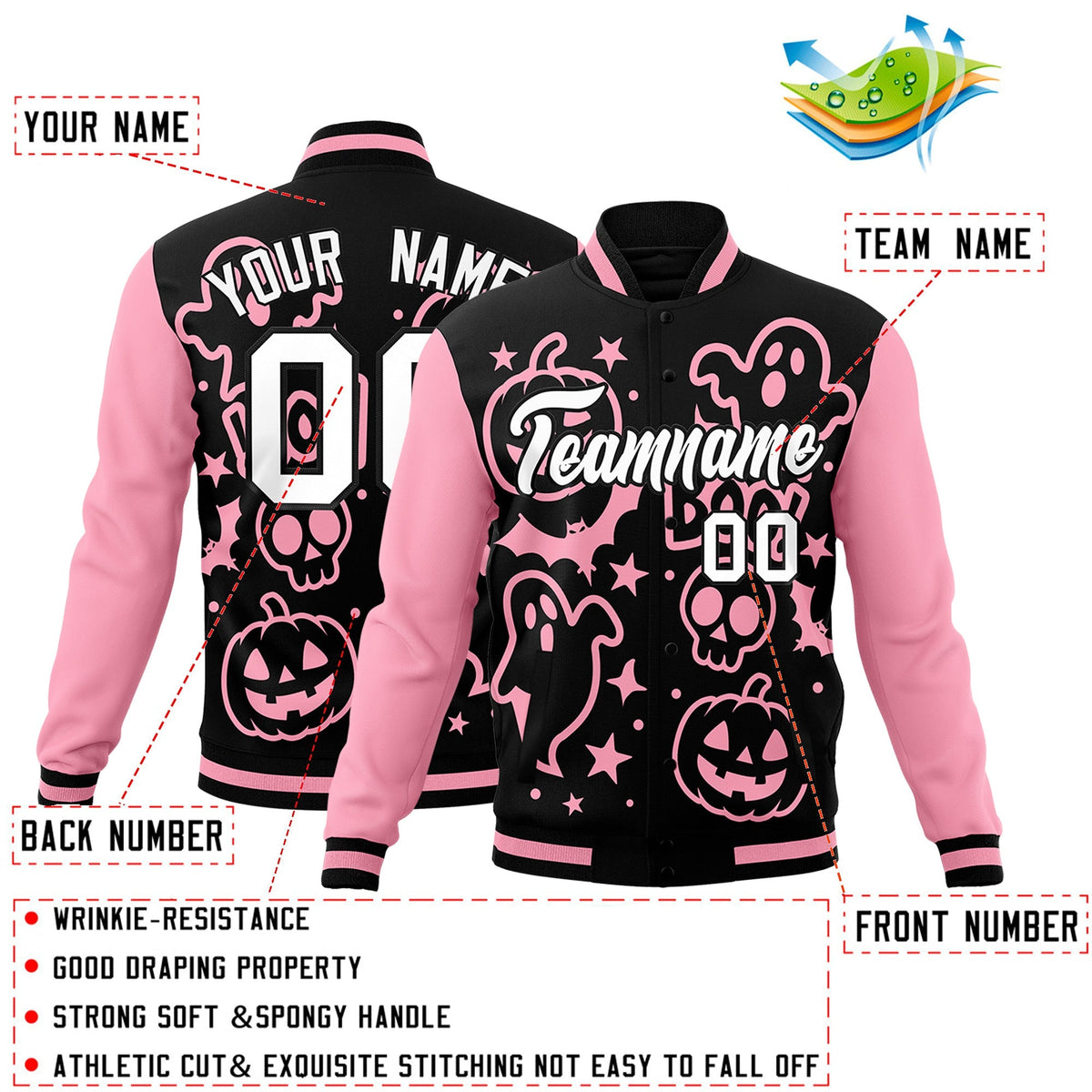 Custom Light Pink Black White Bats Pumpkins Ghost Patterns Halloween Letterman Jacket | Custom Letterman Jacket,Add Name and Numbern,Sublimation Printed &amp; Stitched,Perfect for Parties | KXKSHOP