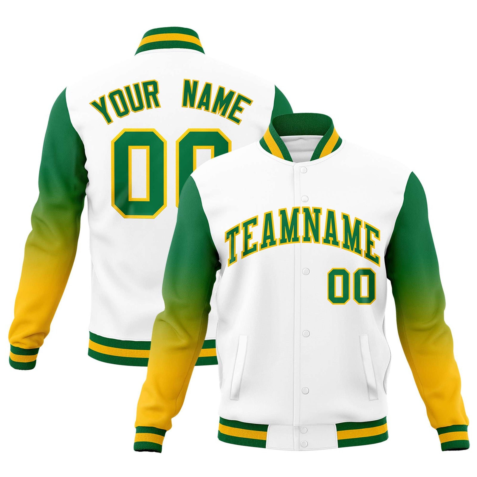 Custom White Kelly Green Gold Full-Snap Varsity Raglan Sleeves Gradient Letterman Jacket
