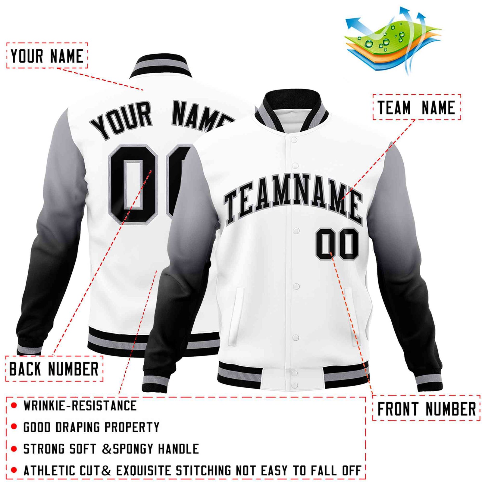 Custom White Black Gray Full-Snap Varsity Raglan Sleeves Gradient Letterman Jacket