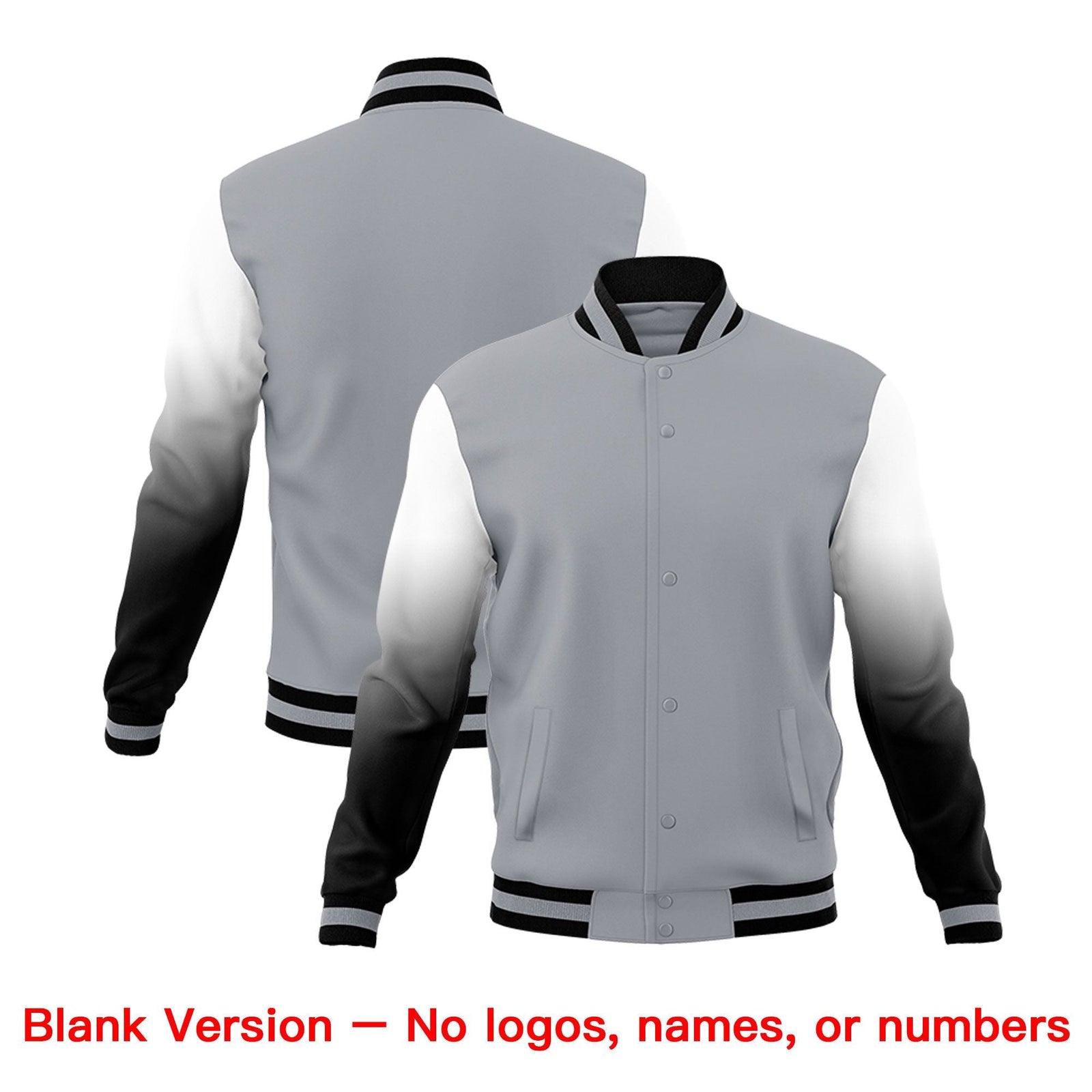 Custom Gray Black White Full-Snap Varsity Raglan Sleeves Gradient Letterman Jacket