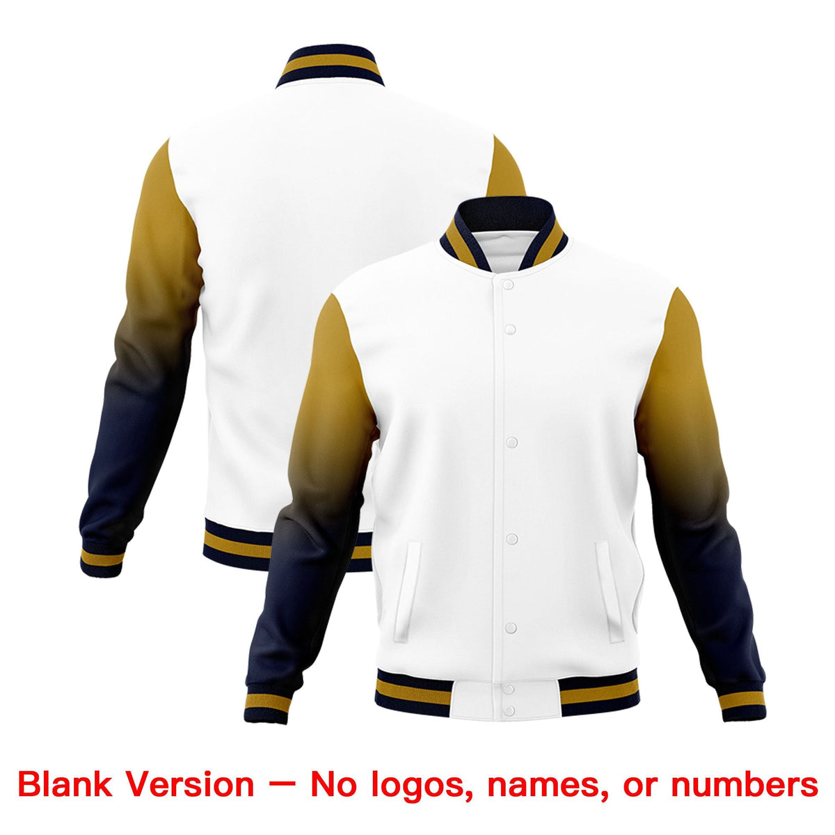 Custom White Old Gold Navy Full-Snap Varsity Raglan Sleeves Gradient Letterman Jacket