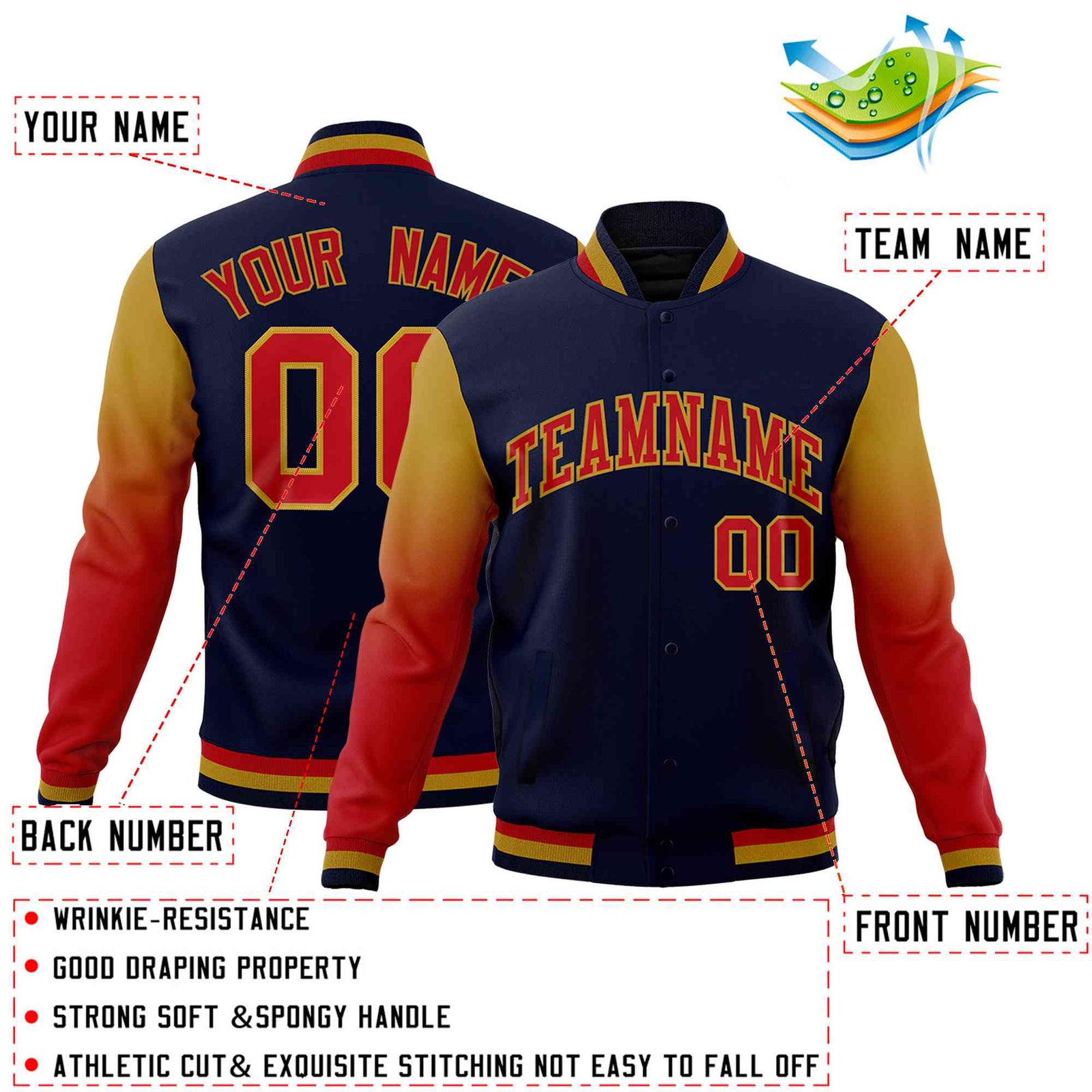 Custom Navy Red Old Gold Full-Snap Varsity Raglan Sleeves Gradient Letterman Jacket