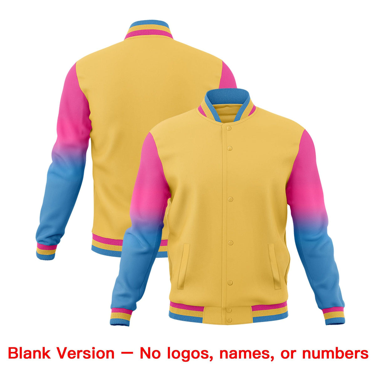 Custom Khaki Pink Light blue Full-Snap Varsity Raglan Sleeves Gradient Letterman Jacket
