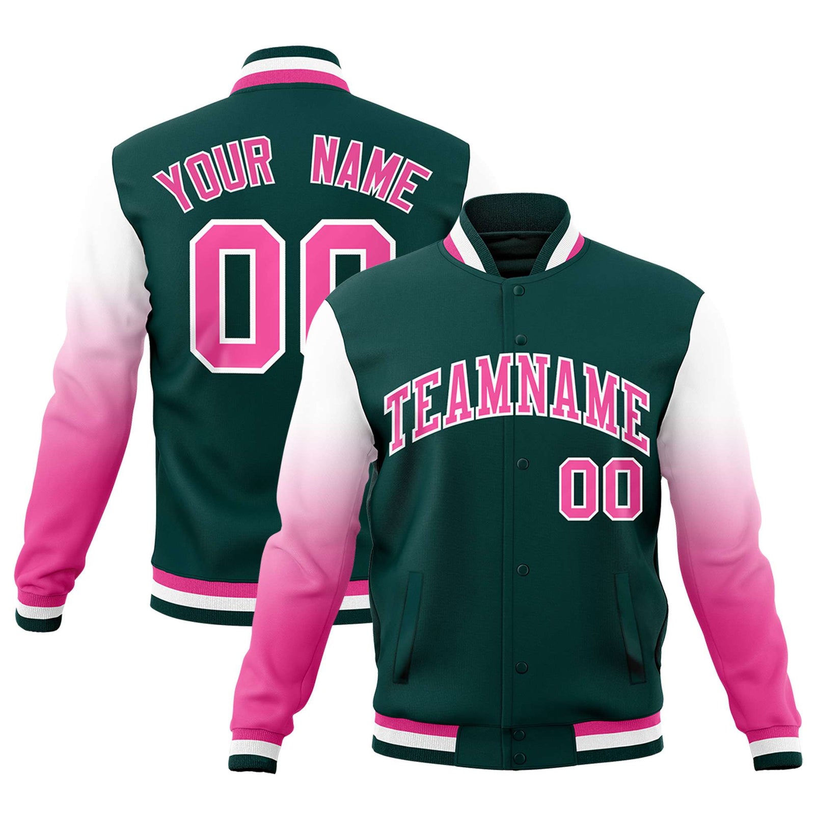 Custom Midnight Green Pink White Full-Snap Varsity Raglan Sleeves Gradient Letterman Jacket