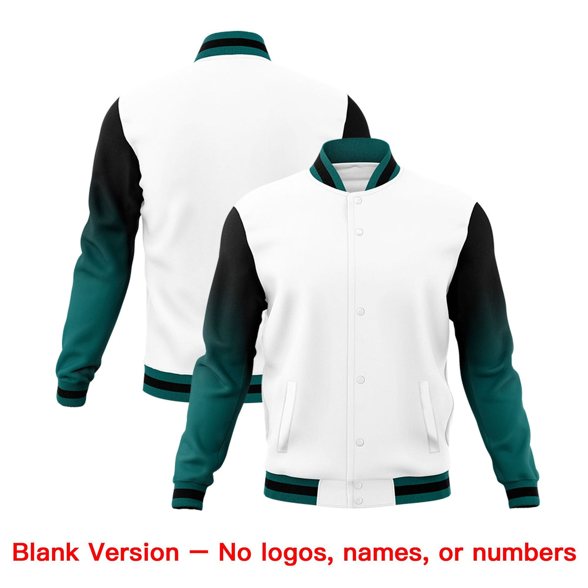 Custom White Teal Black Full-Snap Varsity Raglan Sleeves Gradient Letterman Jacket