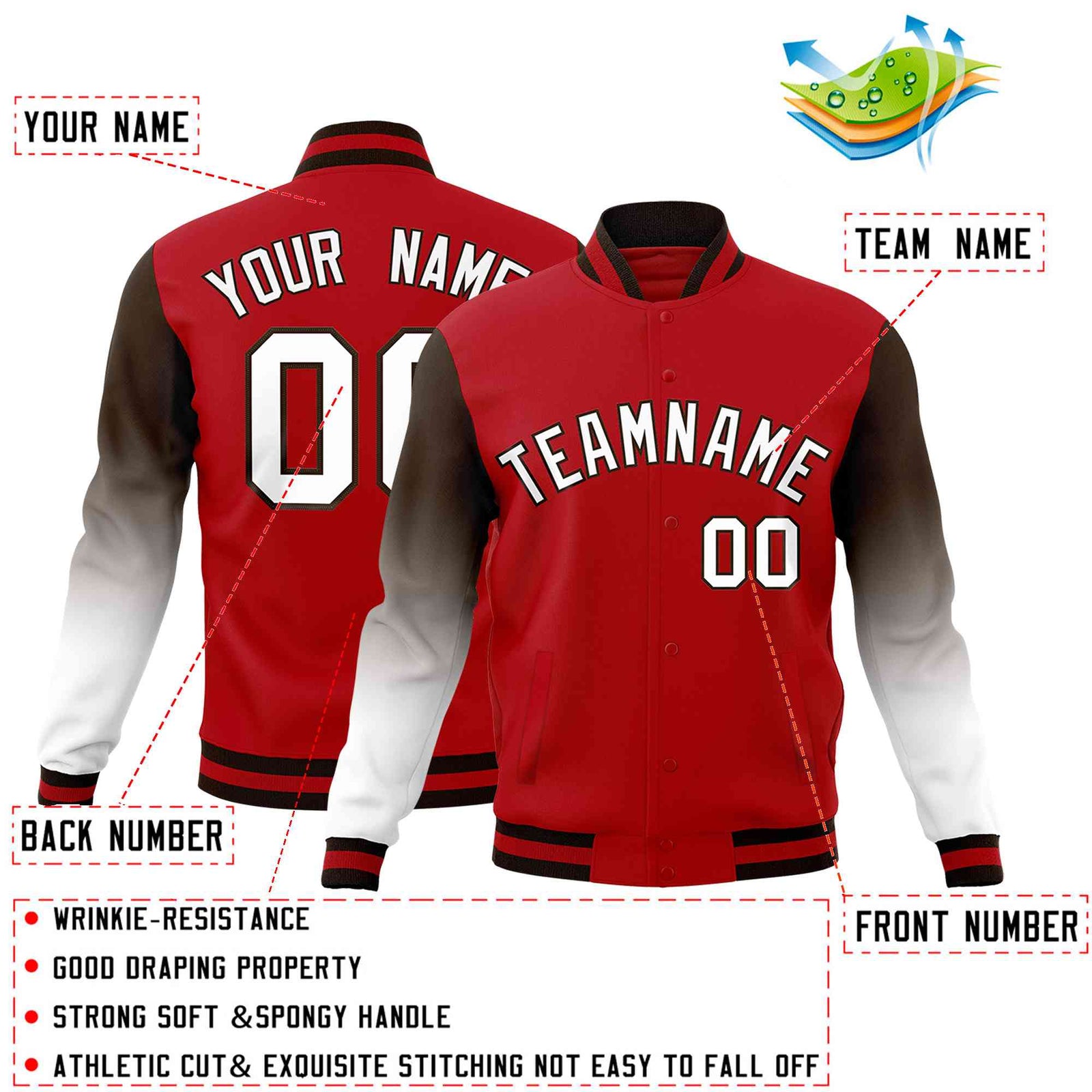 Custom Red White Brown Full-Snap Varsity Raglan Sleeves Gradient Letterman Jacket