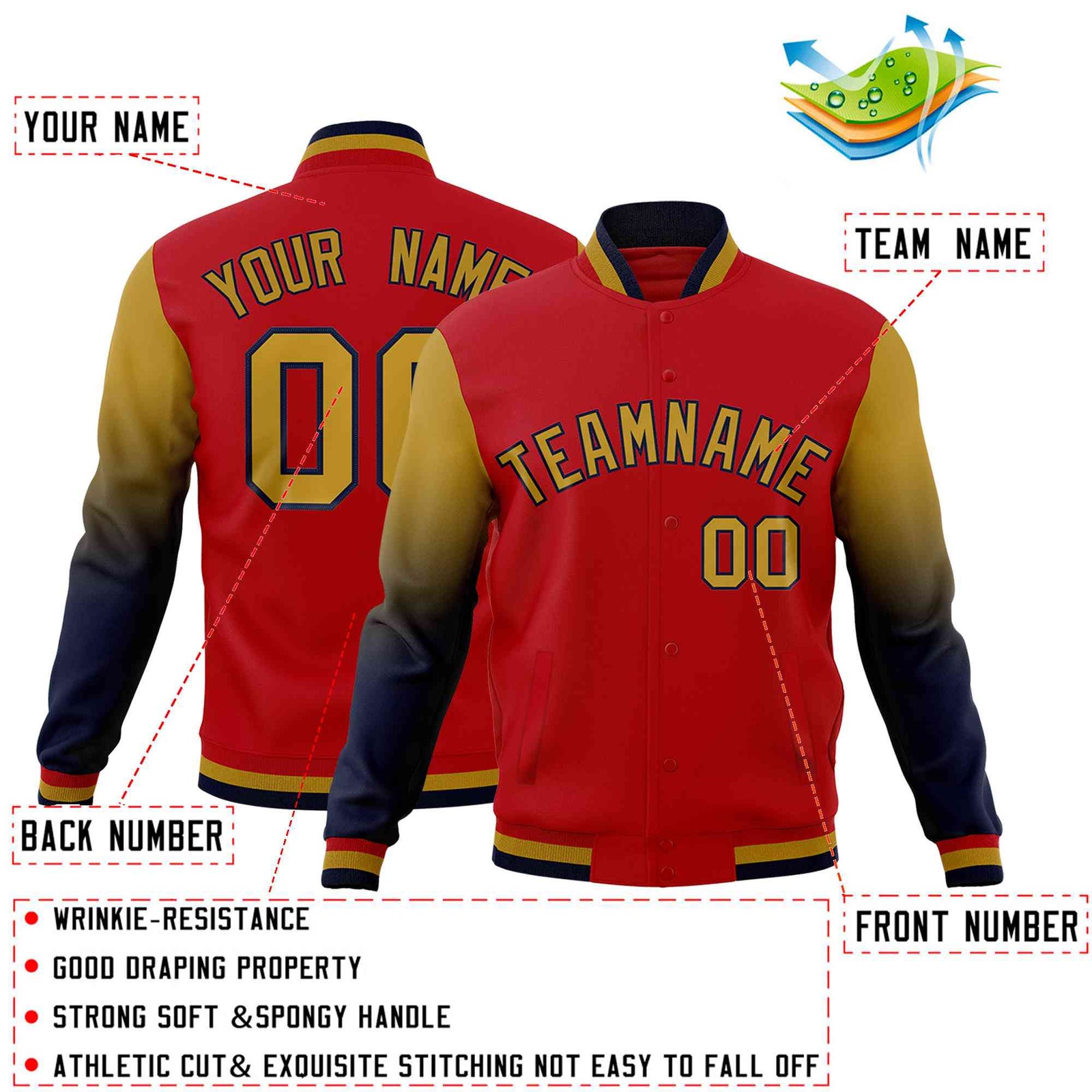 Custom Red Old Gold Navy Full-Snap Varsity Raglan Sleeves Gradient Letterman Jacket