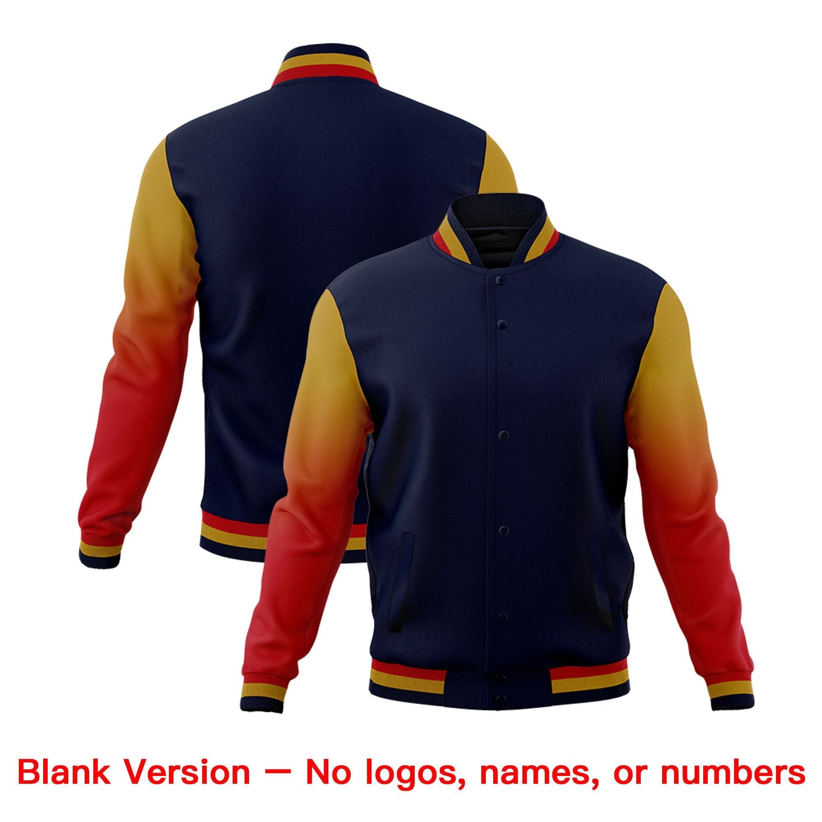 Custom Navy Red Old Gold Full-Snap Varsity Raglan Sleeves Gradient Letterman Jacket