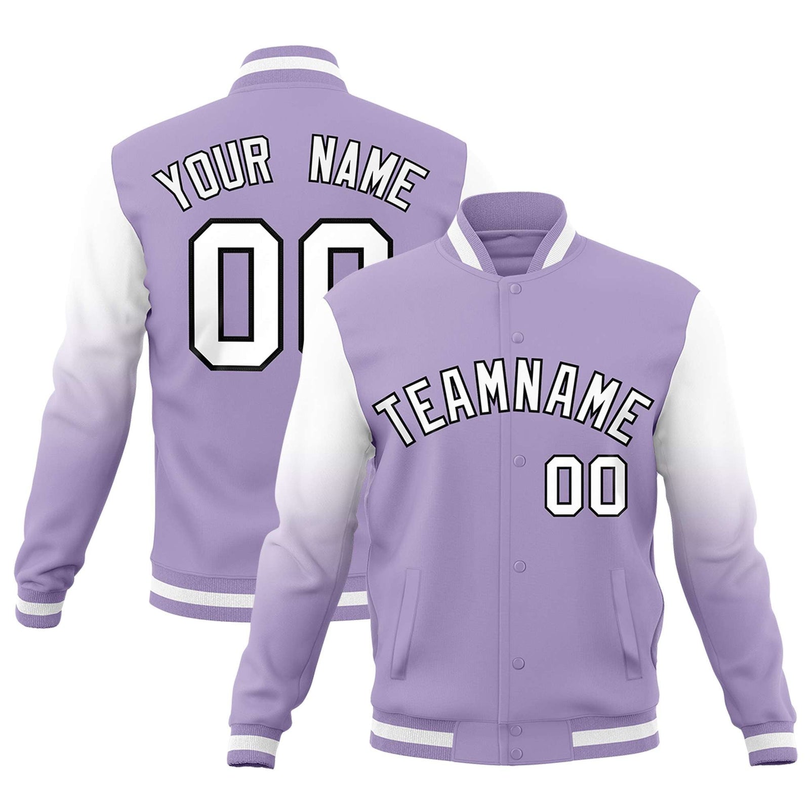 Custom Light Purple White Black Full-Snap Varsity Raglan Sleeves Gradient Letterman Jacket