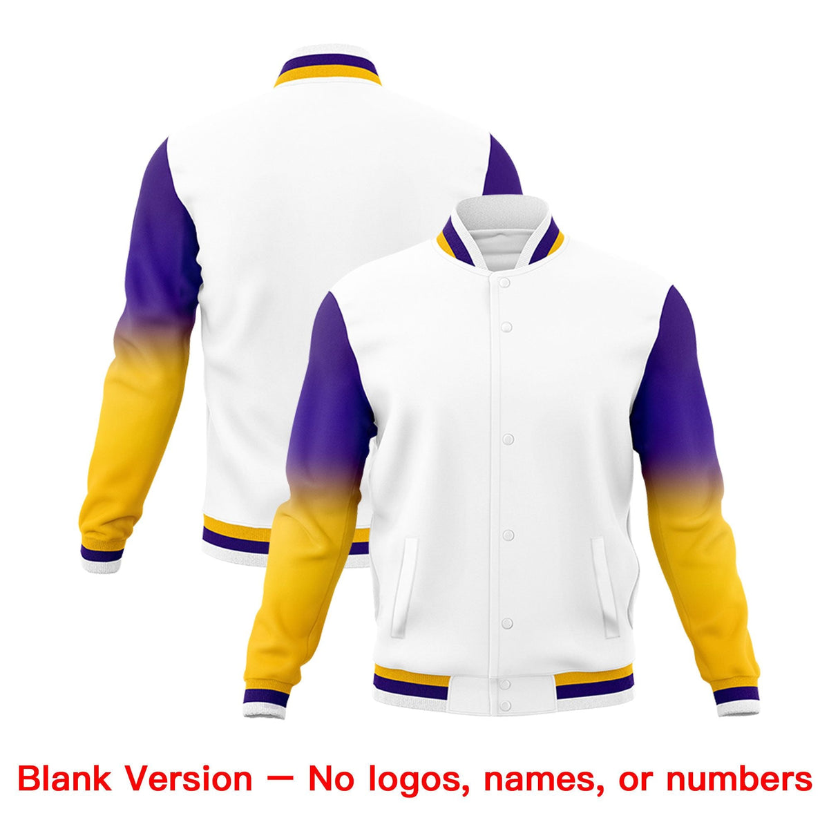 Custom White Purple Gold Full-Snap Varsity Raglan Sleeves Gradient Letterman Jacket