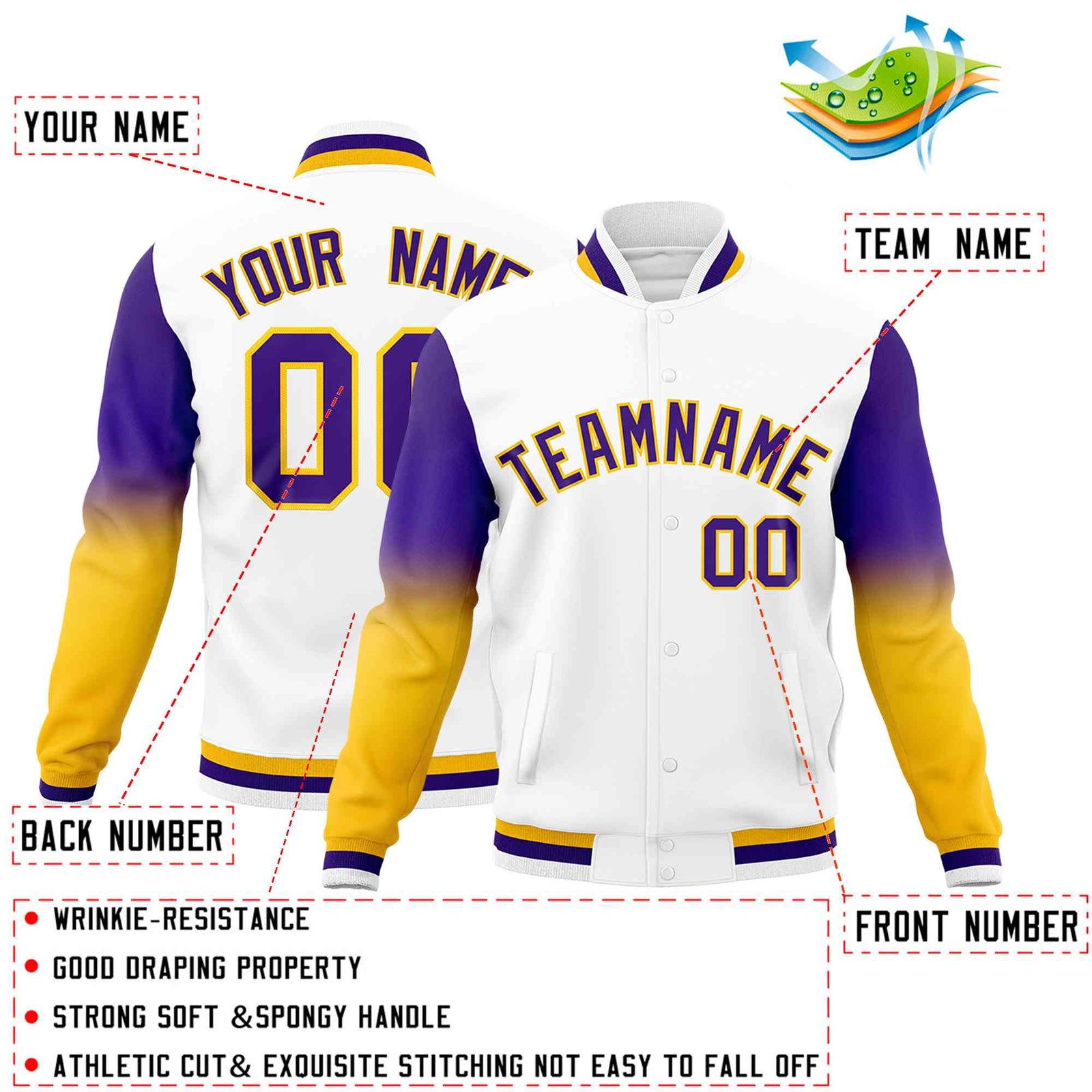 Custom White Purple Gold Full-Snap Varsity Raglan Sleeves Gradient Letterman Jacket