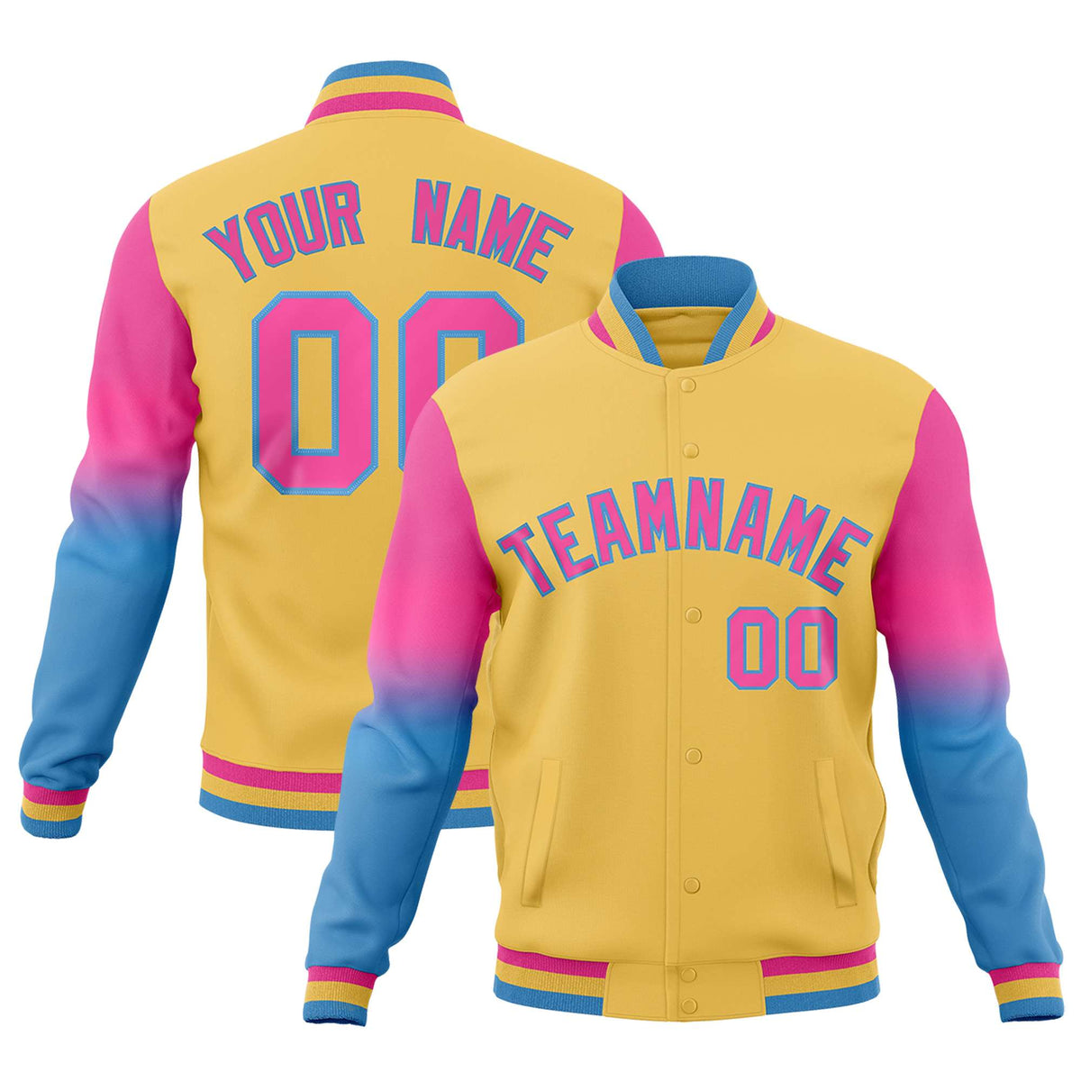Custom Khaki Pink Light blue Full-Snap Varsity Raglan Sleeves Gradient Letterman Jacket