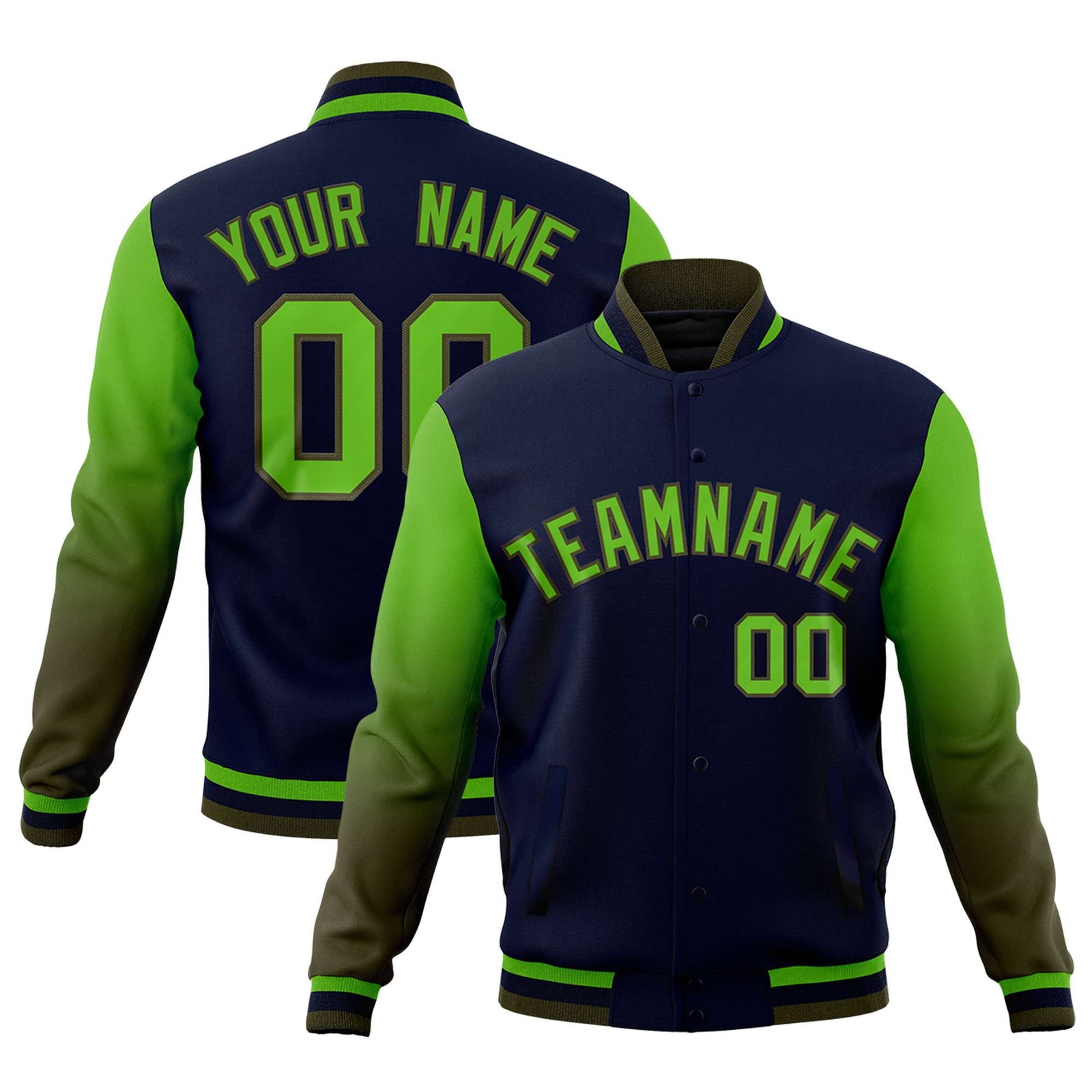 Custom Navy Green Olive Full-Snap Varsity Raglan Sleeves Gradient Letterman Jacket
