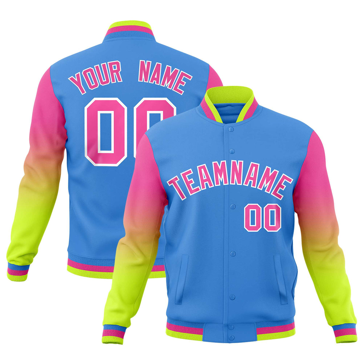 Custom Powder Blue Pink White Full-Snap Varsity Raglan Sleeves Gradient Letterman Jacket