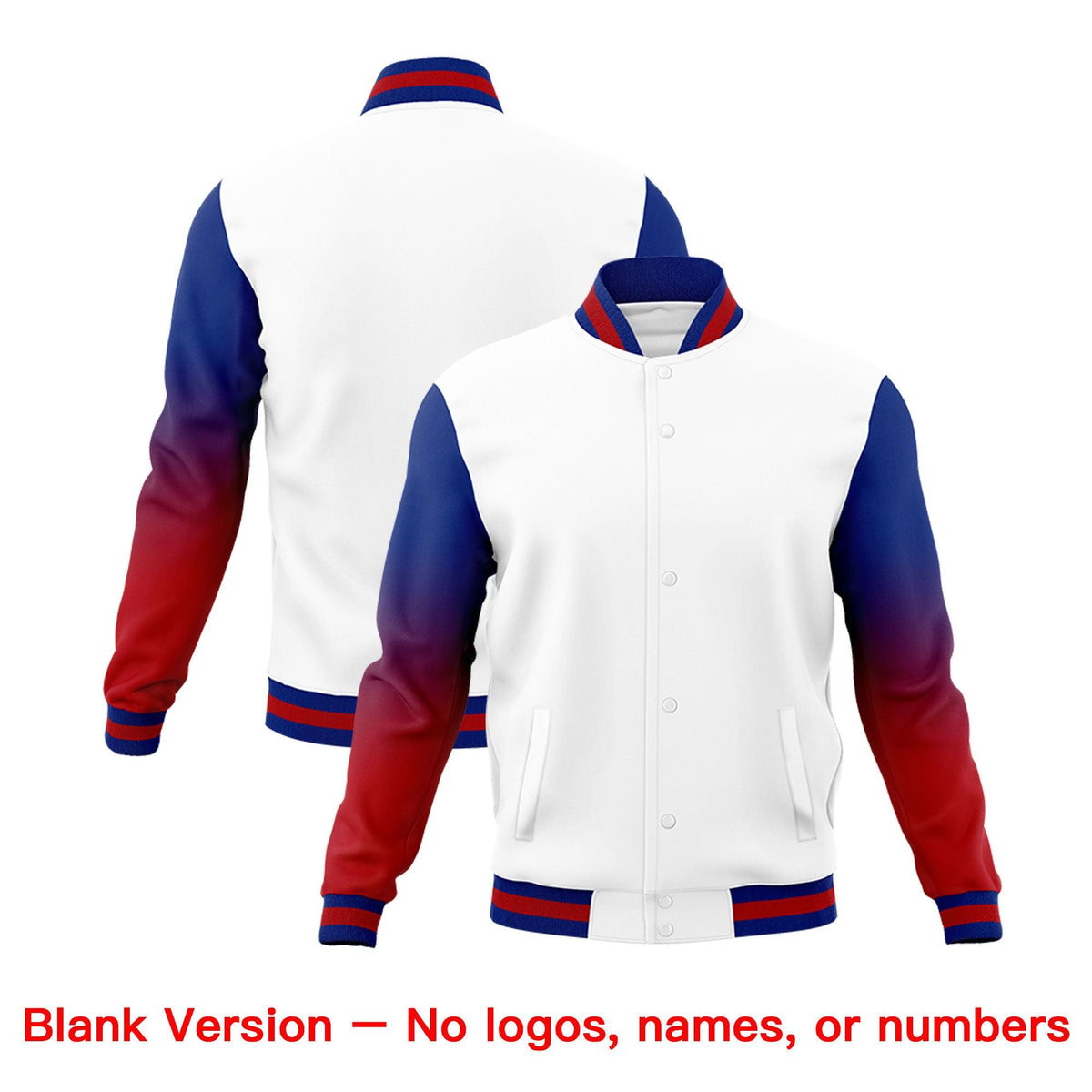 Custom White Royal Blue Red Full-Snap Varsity Raglan Sleeves Gradient Letterman Jacket| KXKSHOP