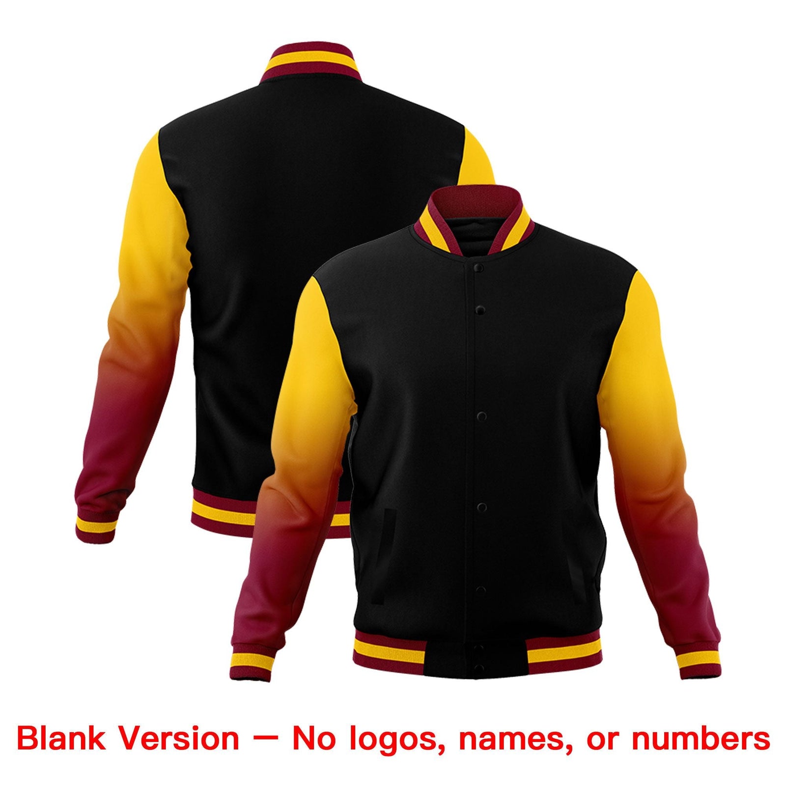 Custom Black Crimson Gold Full-Snap Varsity Raglan Sleeves Gradient Letterman Jacket| KXKSHOP