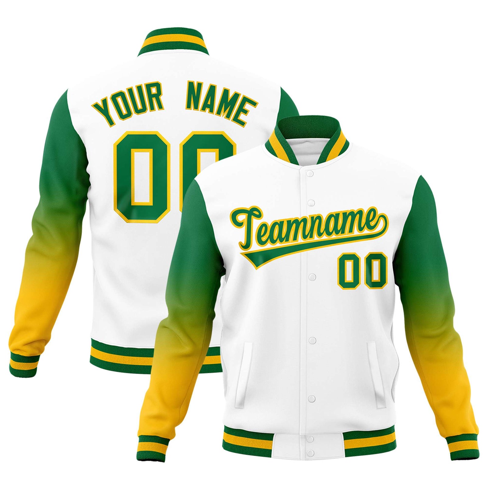 Custom White Kelly Green Gold Full-Snap Varsity Raglan Sleeves Gradient Letterman Jacket| KXKSHOP