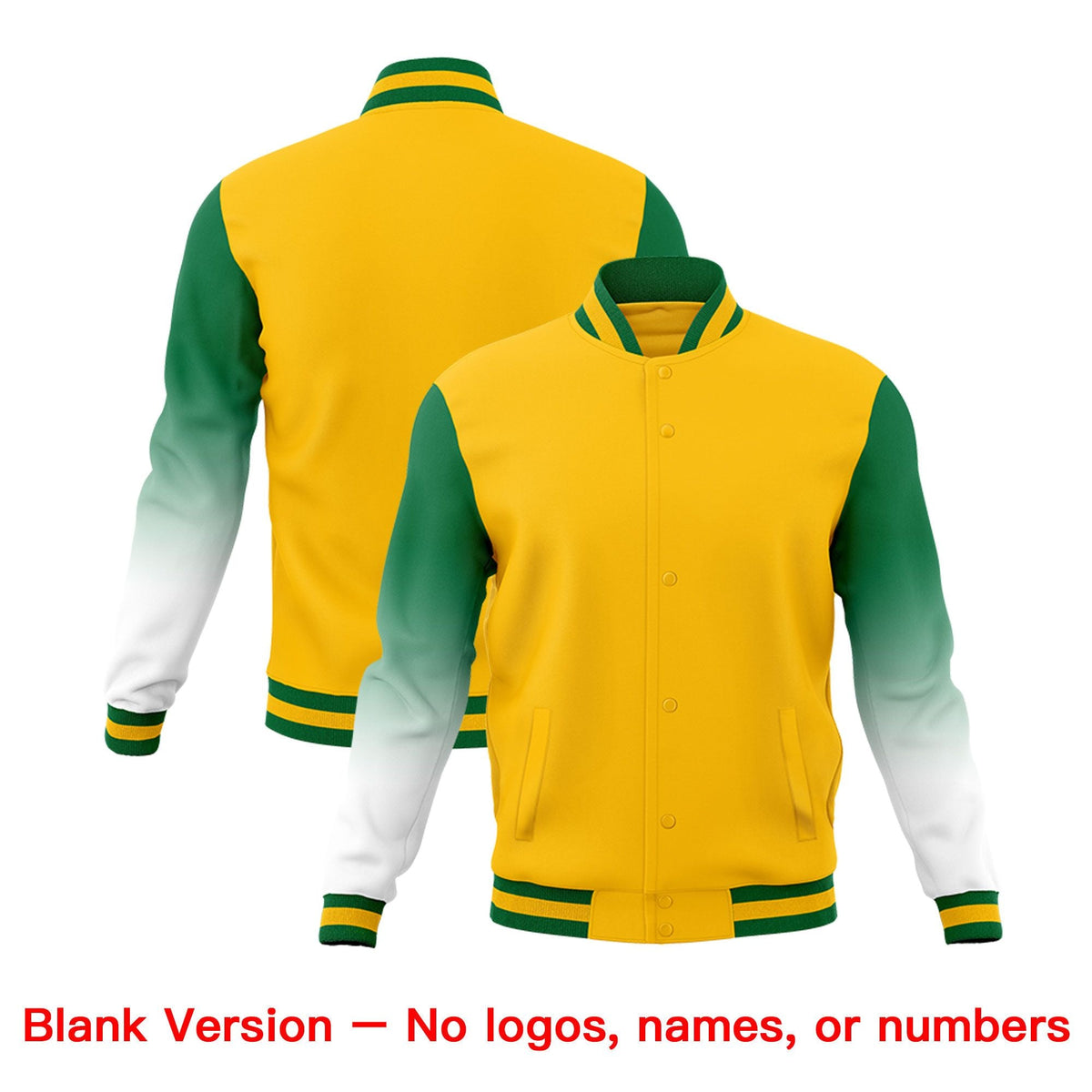 Custom Gold Kelly Green White Full-Snap Varsity Raglan Sleeves Gradient Letterman Jacket| KXKSHOP