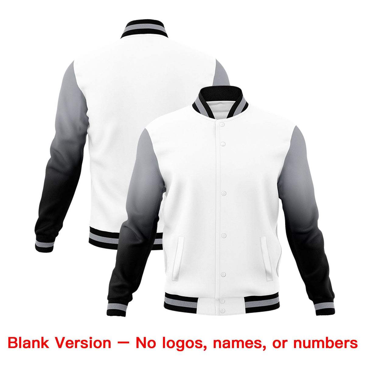 Custom White Black Gray Full-Snap Varsity Raglan Sleeves Gradient Letterman Jacket| KXKSHOP
