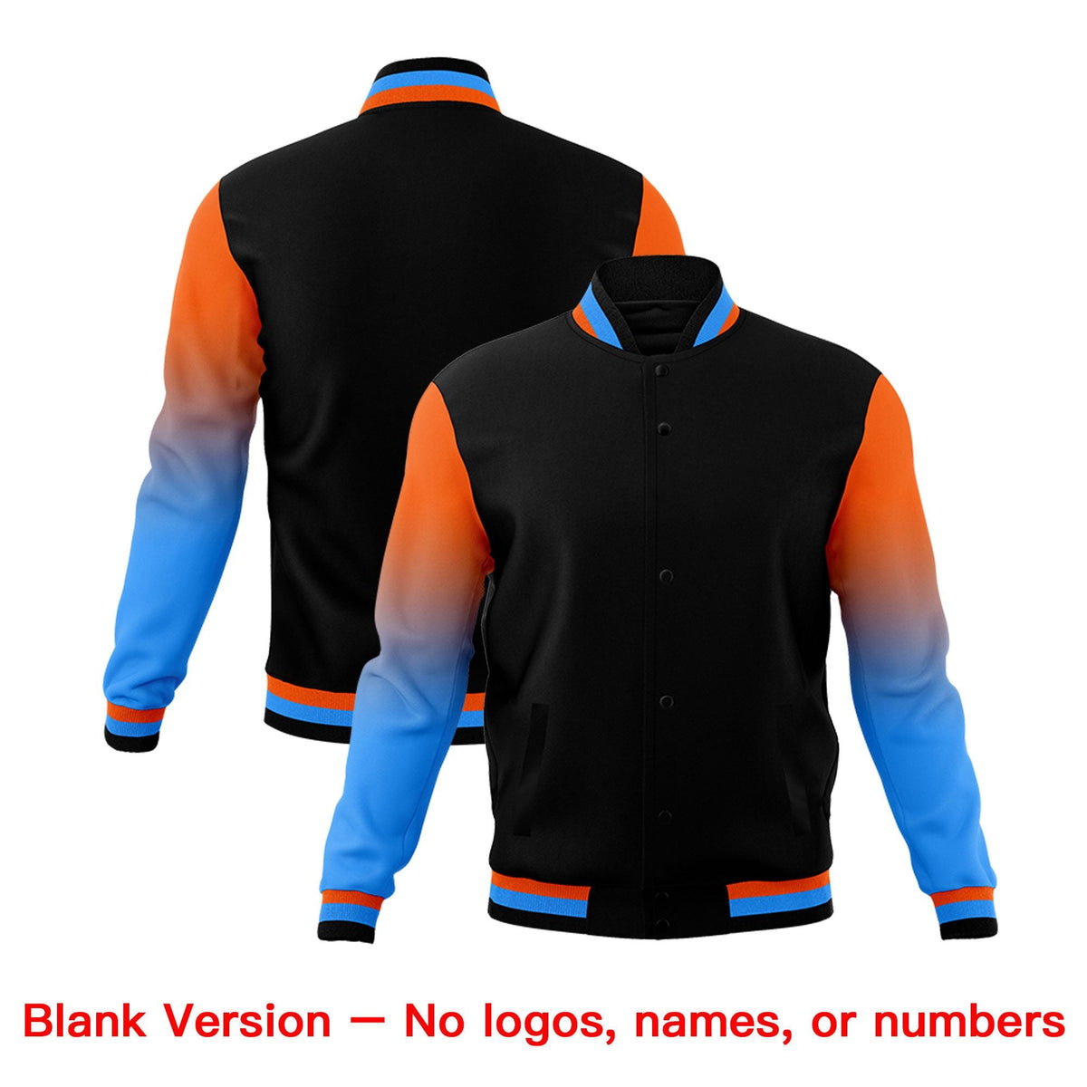 Custom Black Orange Powder Blue Full-Snap Varsity Raglan Sleeves Gradient Letterman Jacket| KXKSHOP