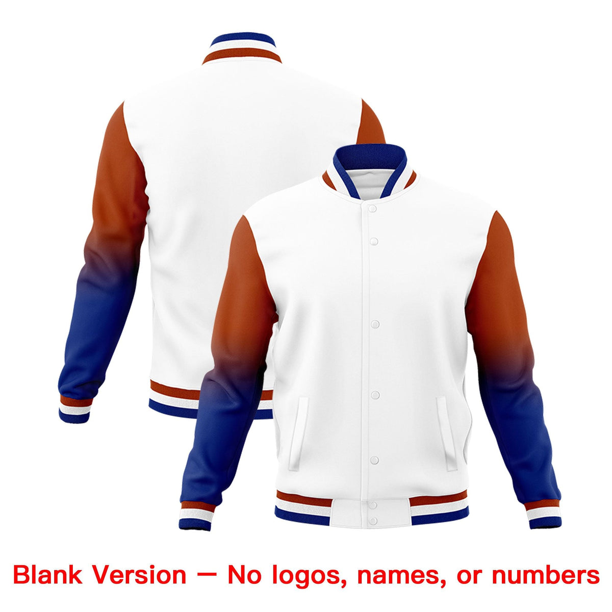 Custom White Royal Blue Dark Orange Full-Snap Varsity Raglan Sleeves Gradient Letterman Jacket| KXKSHOP