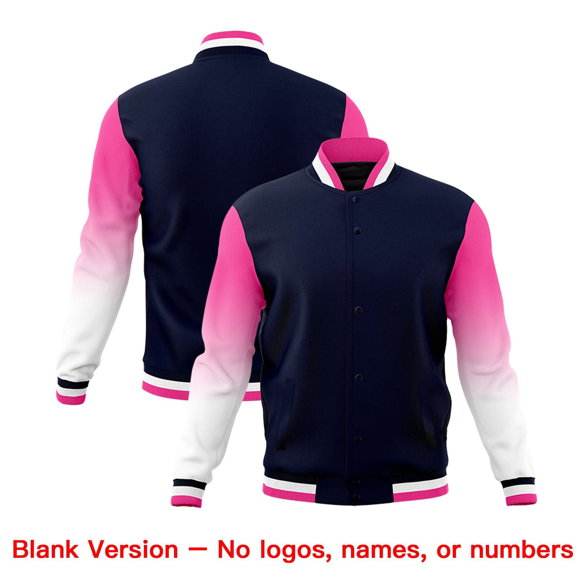 Custom Navy Pink White Full-Snap Varsity Raglan Sleeves Gradient Letterman Jacket| KXKSHOP