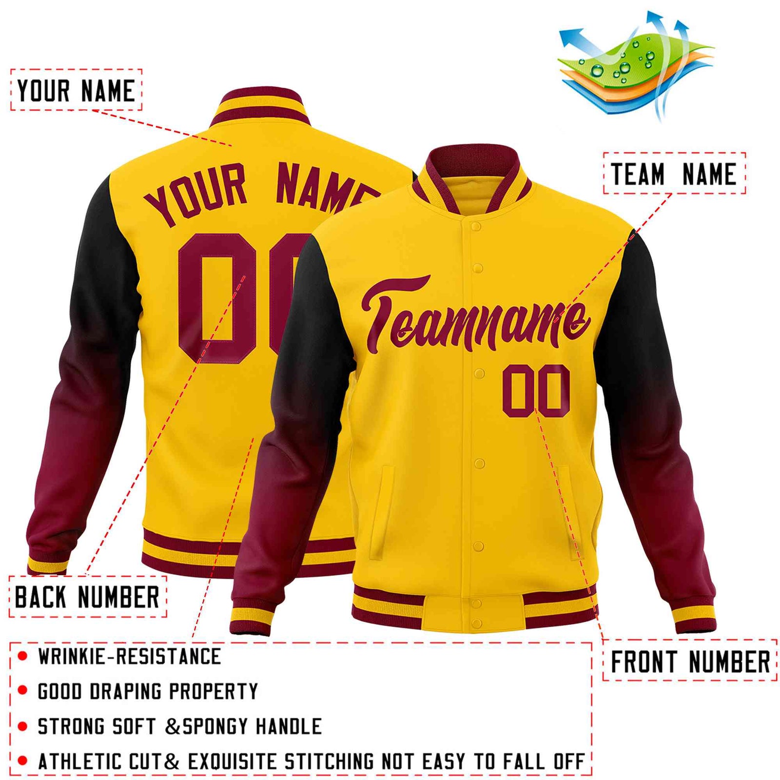 Custom Gold Black Crimson Full-Snap Varsity Raglan Sleeves Gradient Letterman Jacket