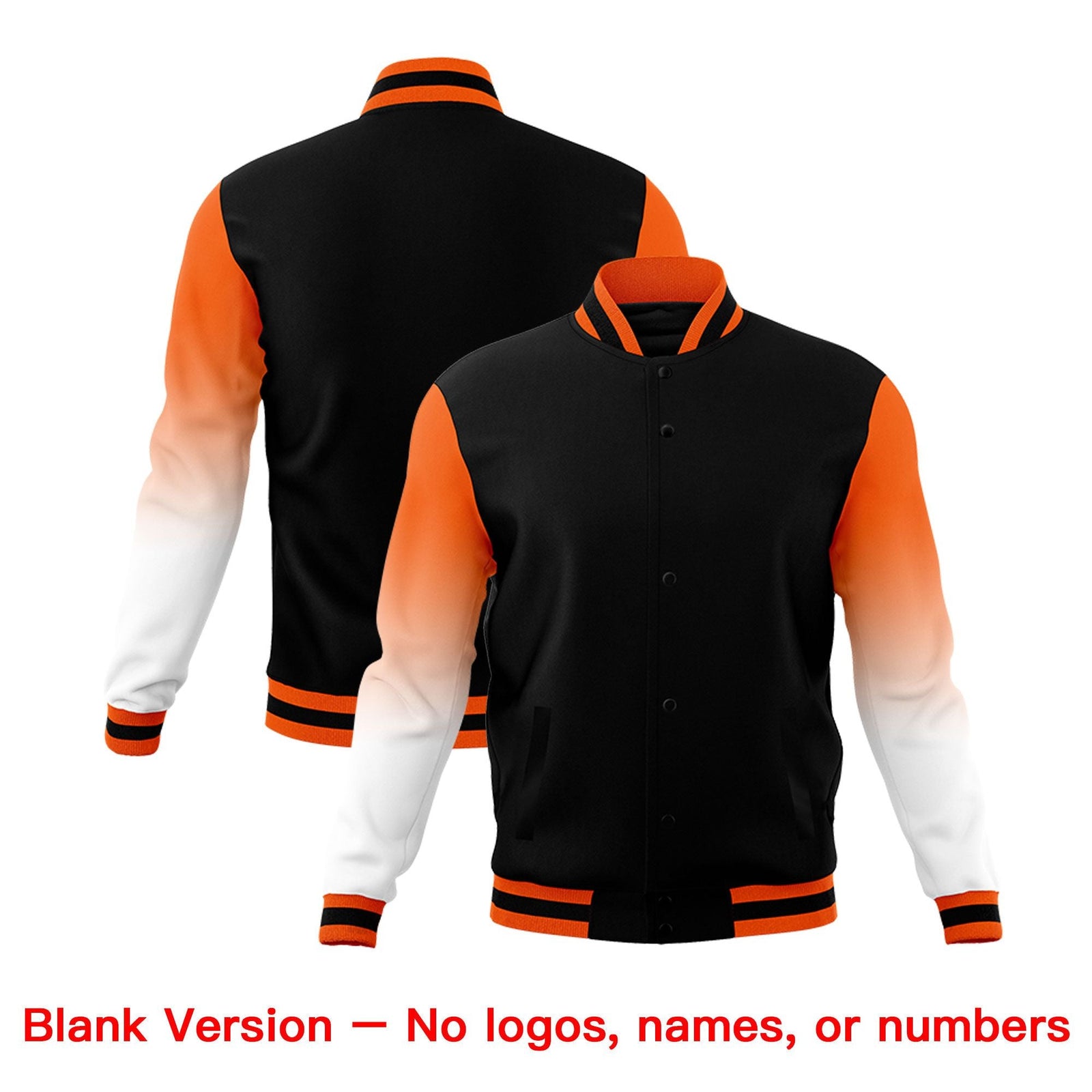 Custom Black Orange White Full-Snap Varsity Raglan Sleeves Gradient Letterman Jacket