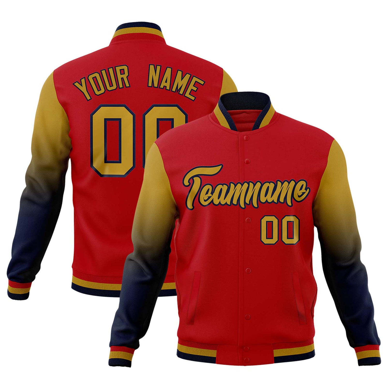 Custom Red Old Gold Navy Full-Snap Varsity Raglan Sleeves Gradient Letterman Jacket