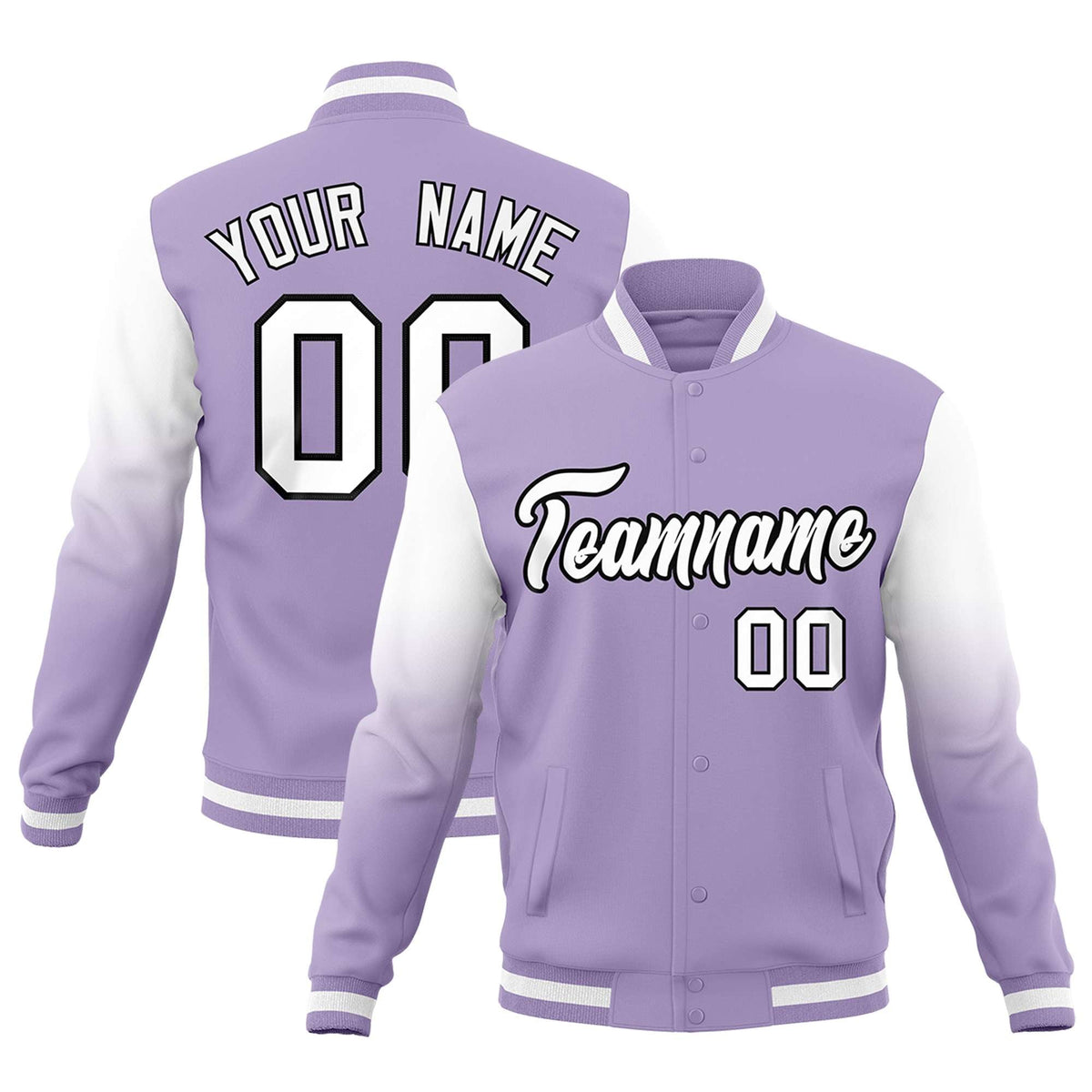 Custom Light Purple White Black Full-Snap Varsity Raglan Sleeves Gradient Letterman Jacket