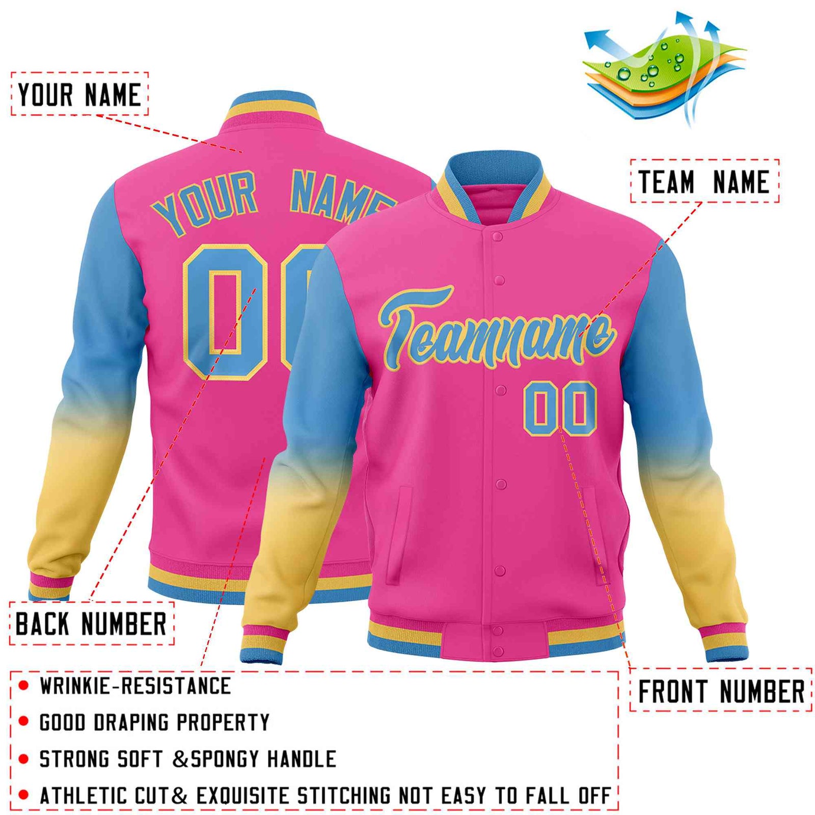 Custom Pink Light blue Khaki Full-Snap Varsity Raglan Sleeves Gradient Letterman Jacket