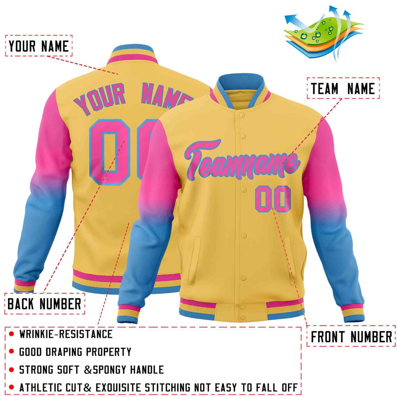 Custom Khaki Pink Light blue Full-Snap Varsity Raglan Sleeves Gradient Letterman Jacket