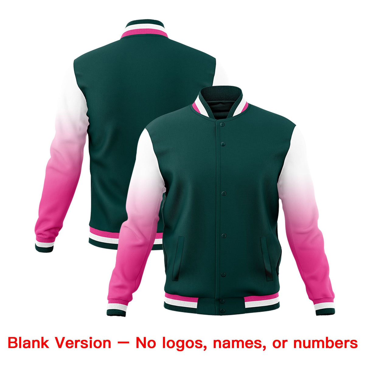 Custom Midnight Green Pink White Full-Snap Varsity Raglan Sleeves Gradient Letterman Jacket