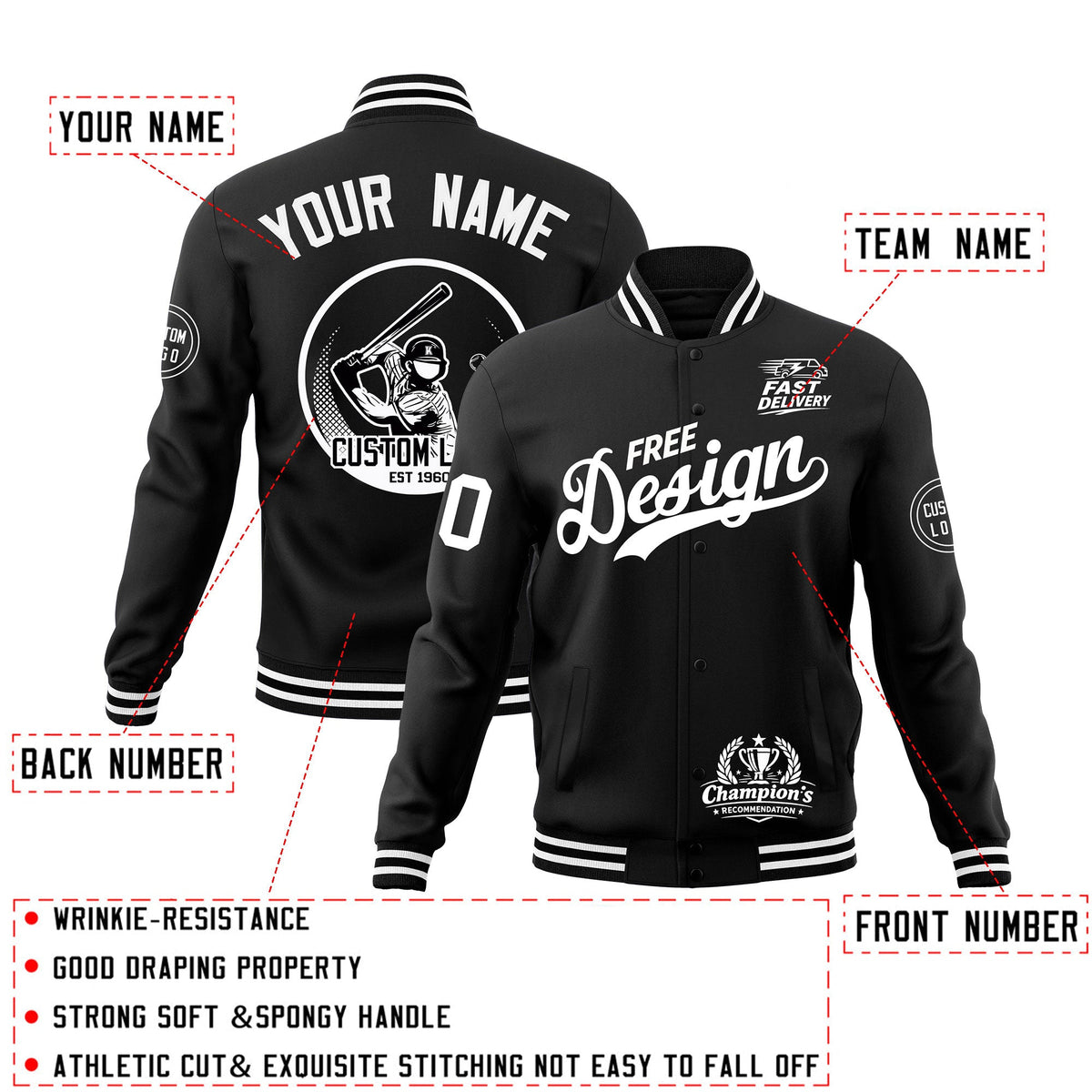 Custom Black White Classic Style Full-Snap Breathable Jacket| KXKSHOP