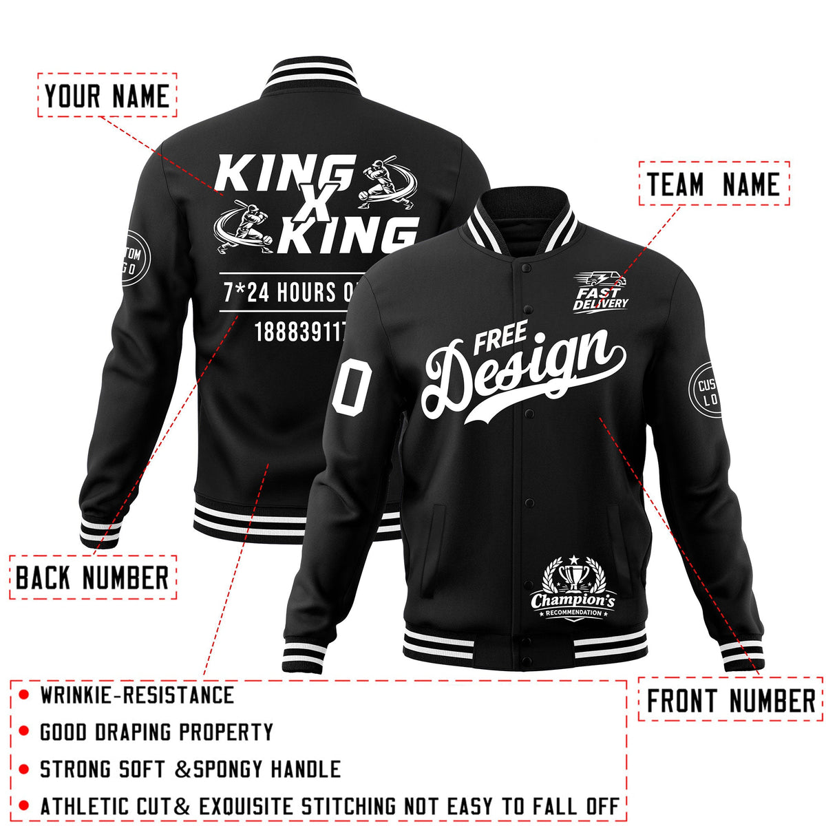 Custom Black White Classic Style Full-Snap Wrinkle-Resistant Jacket| KXKSHOP
