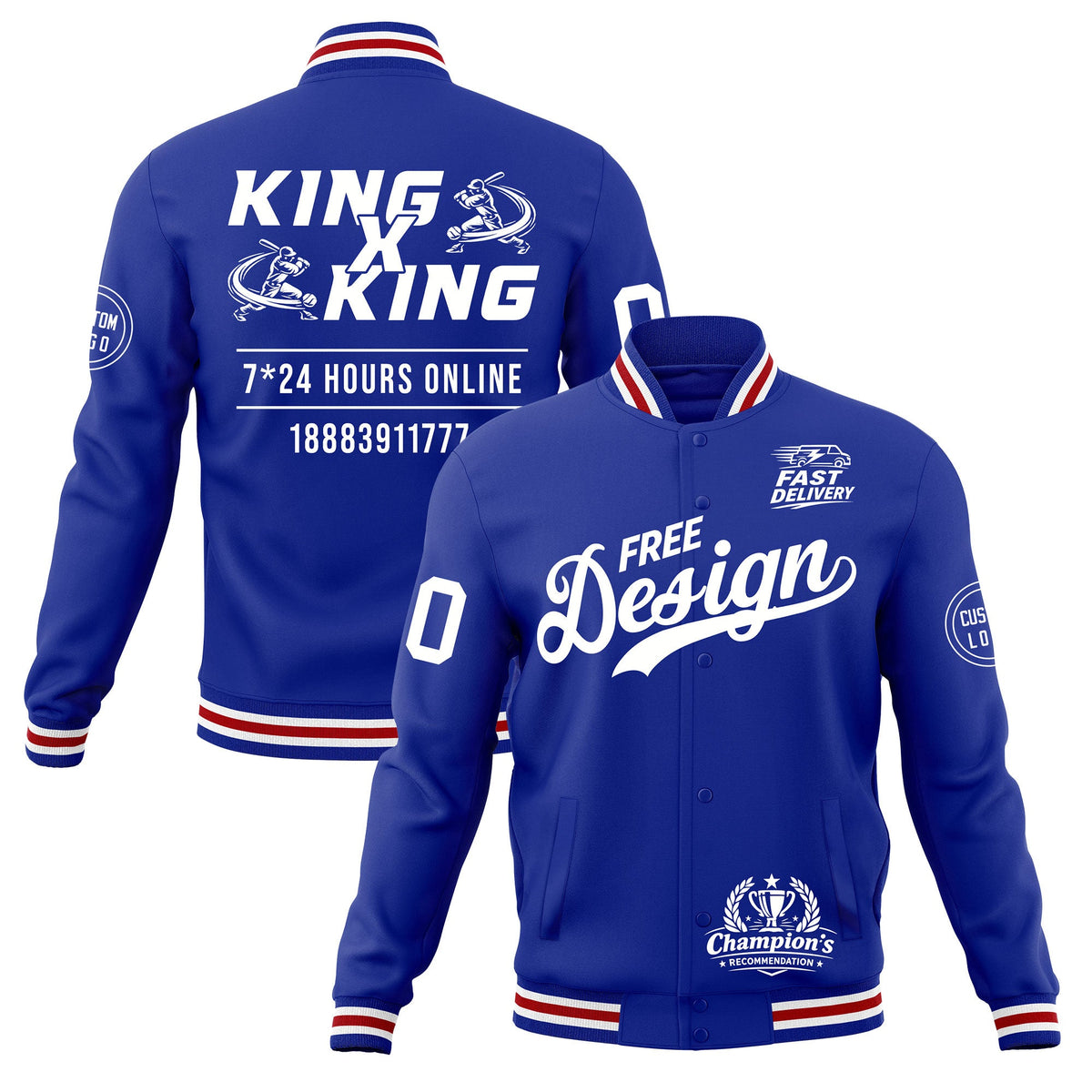 Custom Royal Blue White Red Classic Style Full-Snap Wrinkle-Resistant Jacket| KXKSHOP