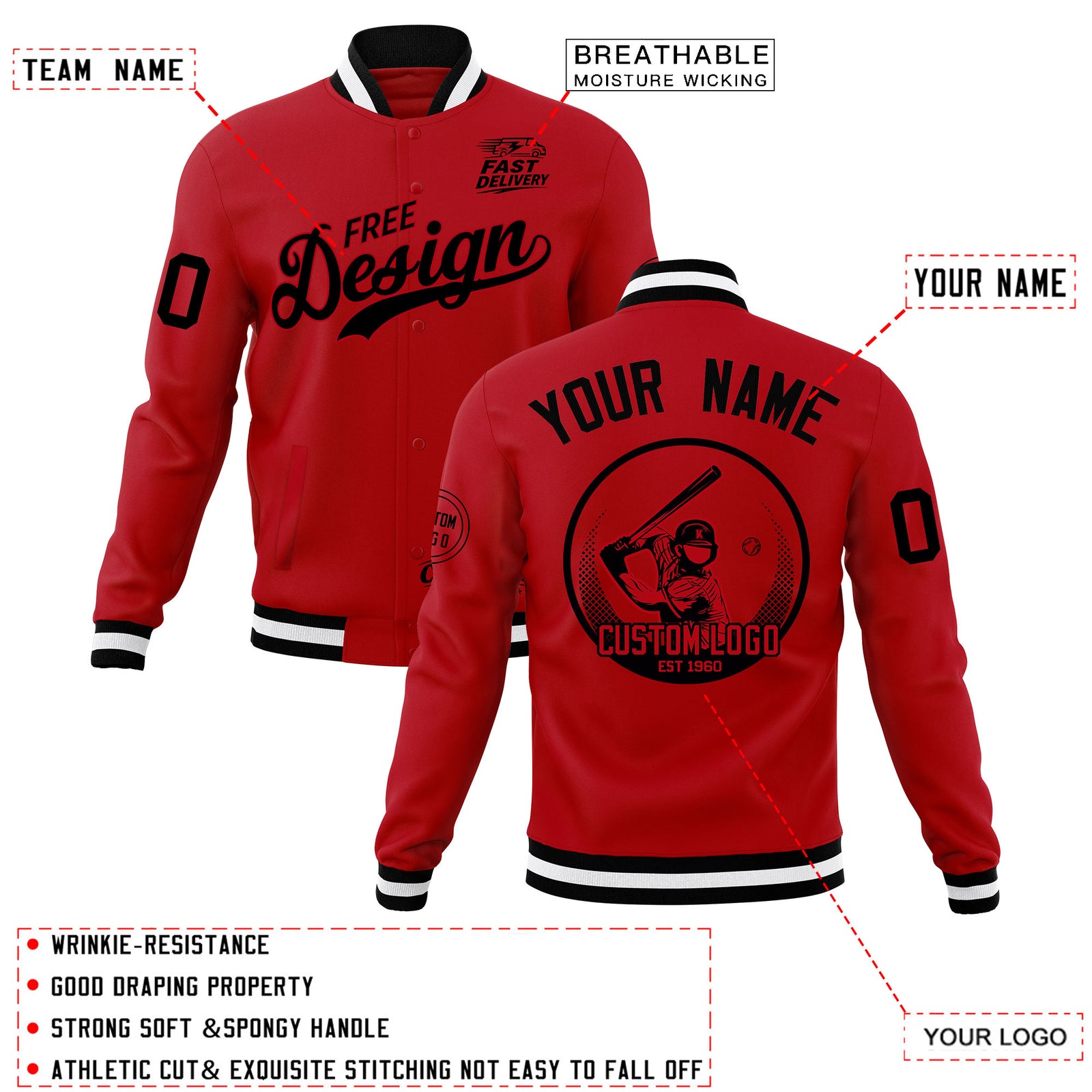 Custom Red Black White Classic Style Full-Snap Breathable Jacket| KXKSHOP