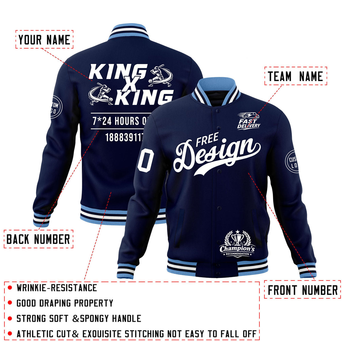 Custom Navy Light Blue White Classic Style Full-Snap Wrinkle-Resistant Jacket| KXKSHOP